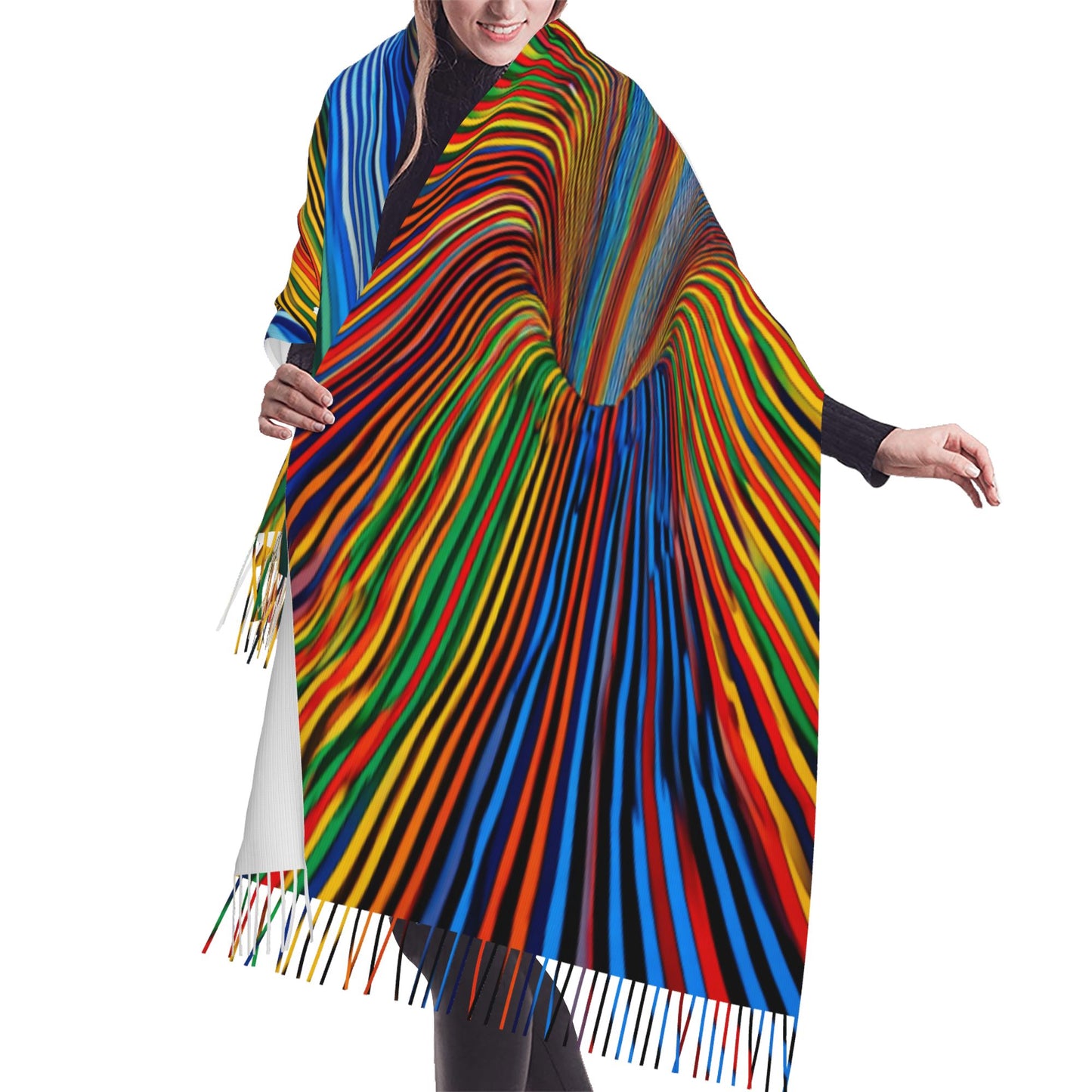 Colorful Gradient Stripe Imitation Cashmere Warm Fringed Scarf (77in×27in)