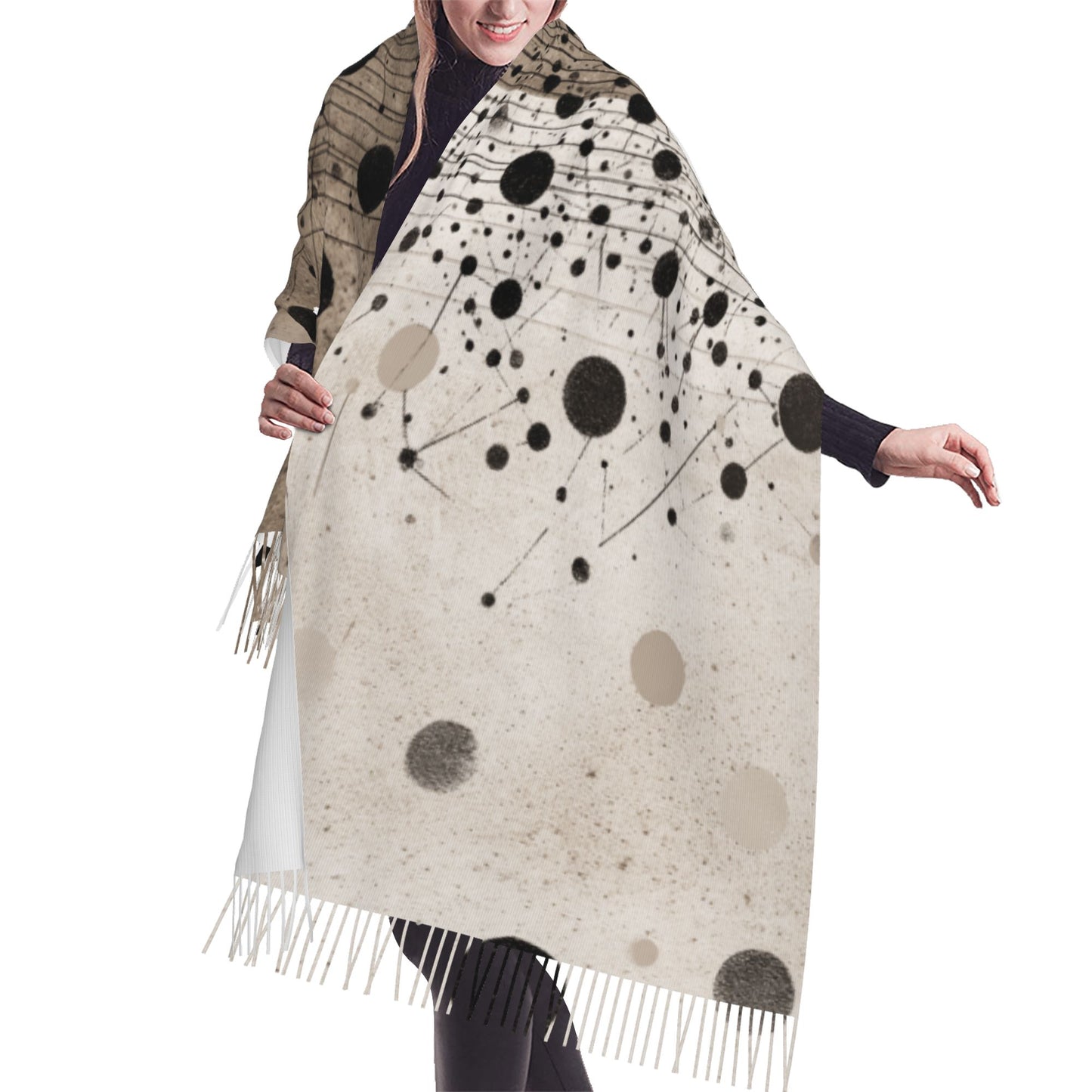 Artistic Polka Dot Contrast Color Imitation Cashmere Warm Fringed Scarf (77in×27in)