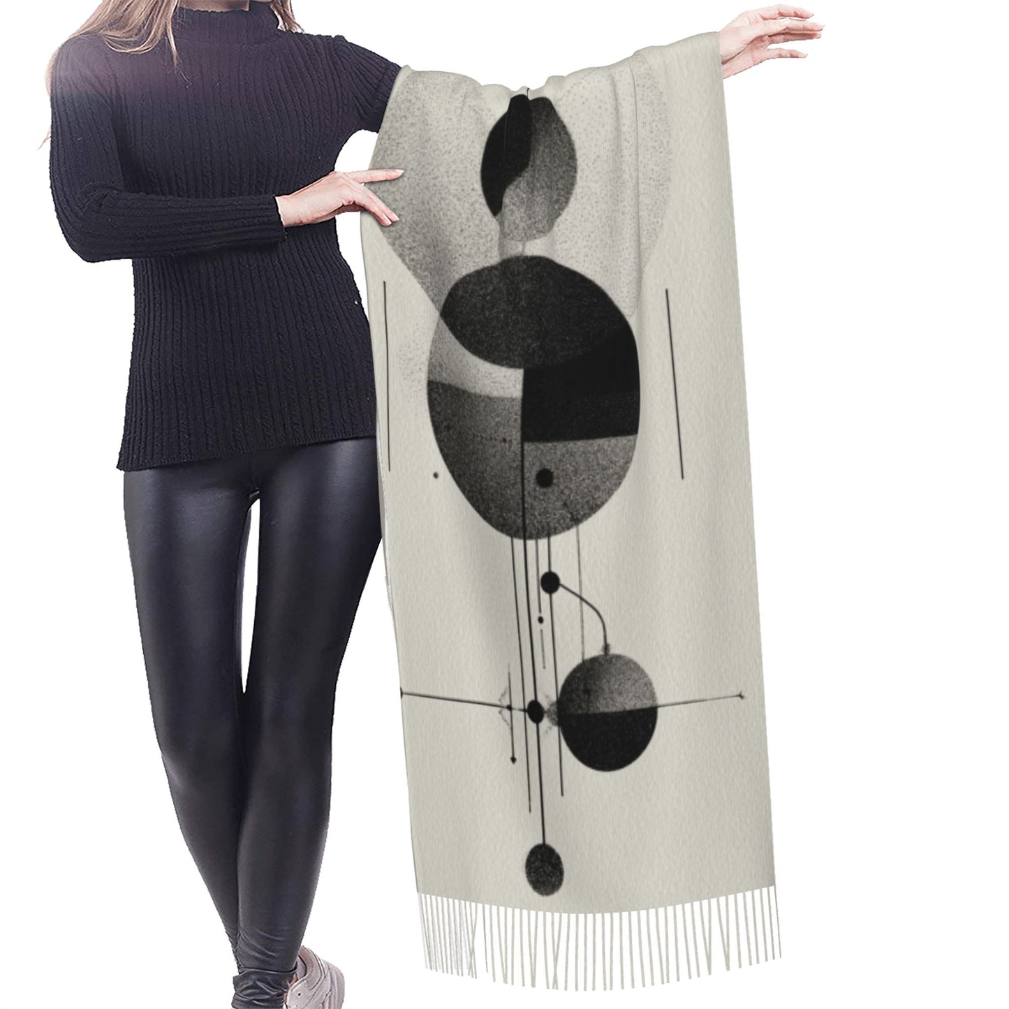 Minimalist Abstract Geometric Imitation Cashmere Warm Fringed Scarf (77in×27in)