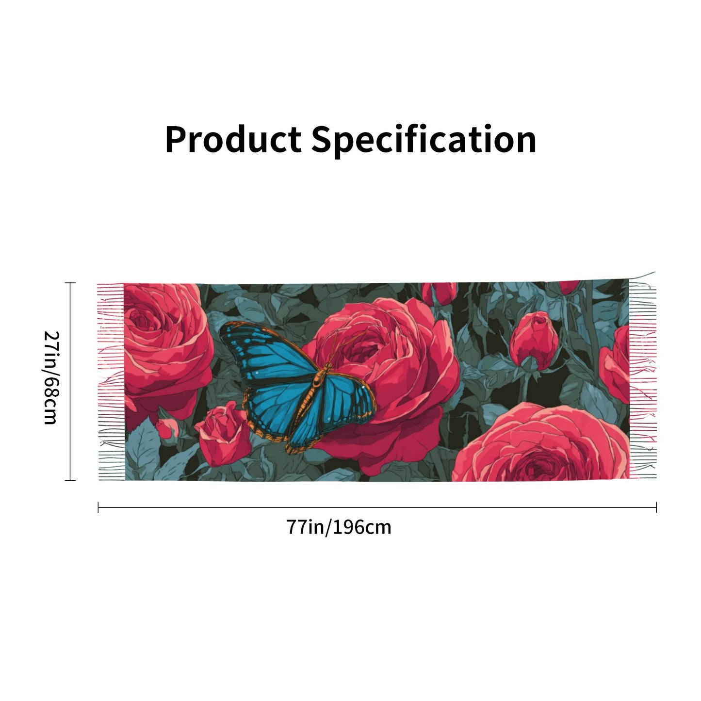 Rose and Butterfly Printed Imitation Cashmere Warm Fringed Scarf (77in×27in)