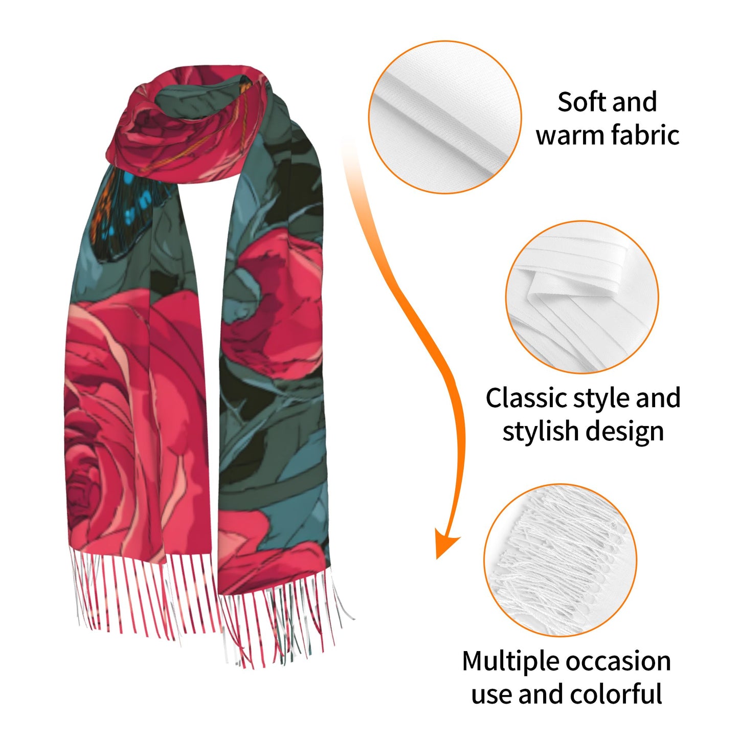 Rose and Butterfly Printed Imitation Cashmere Warm Fringed Scarf (77in×27in)