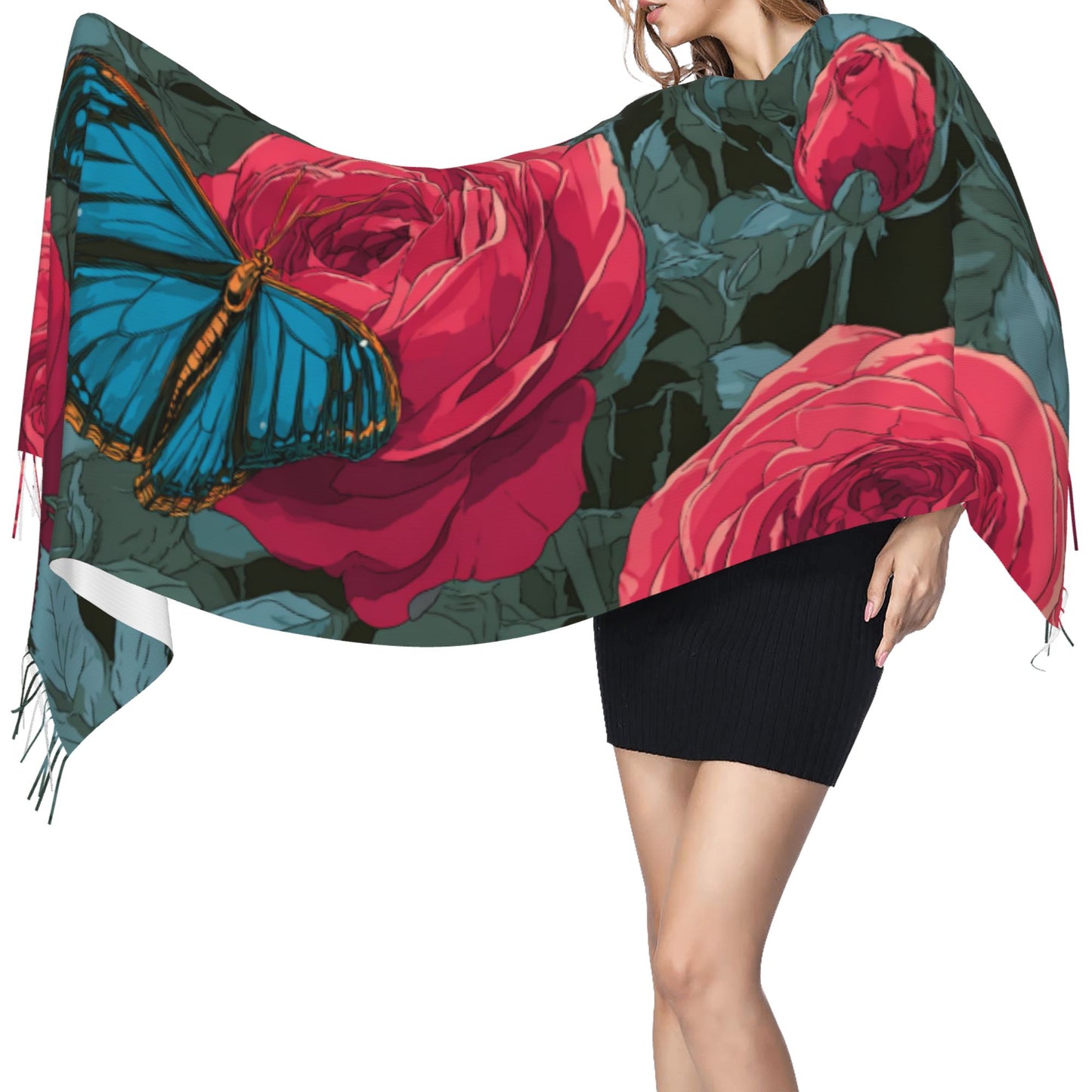 Rose and Butterfly Printed Imitation Cashmere Warm Fringed Scarf (77in×27in)
