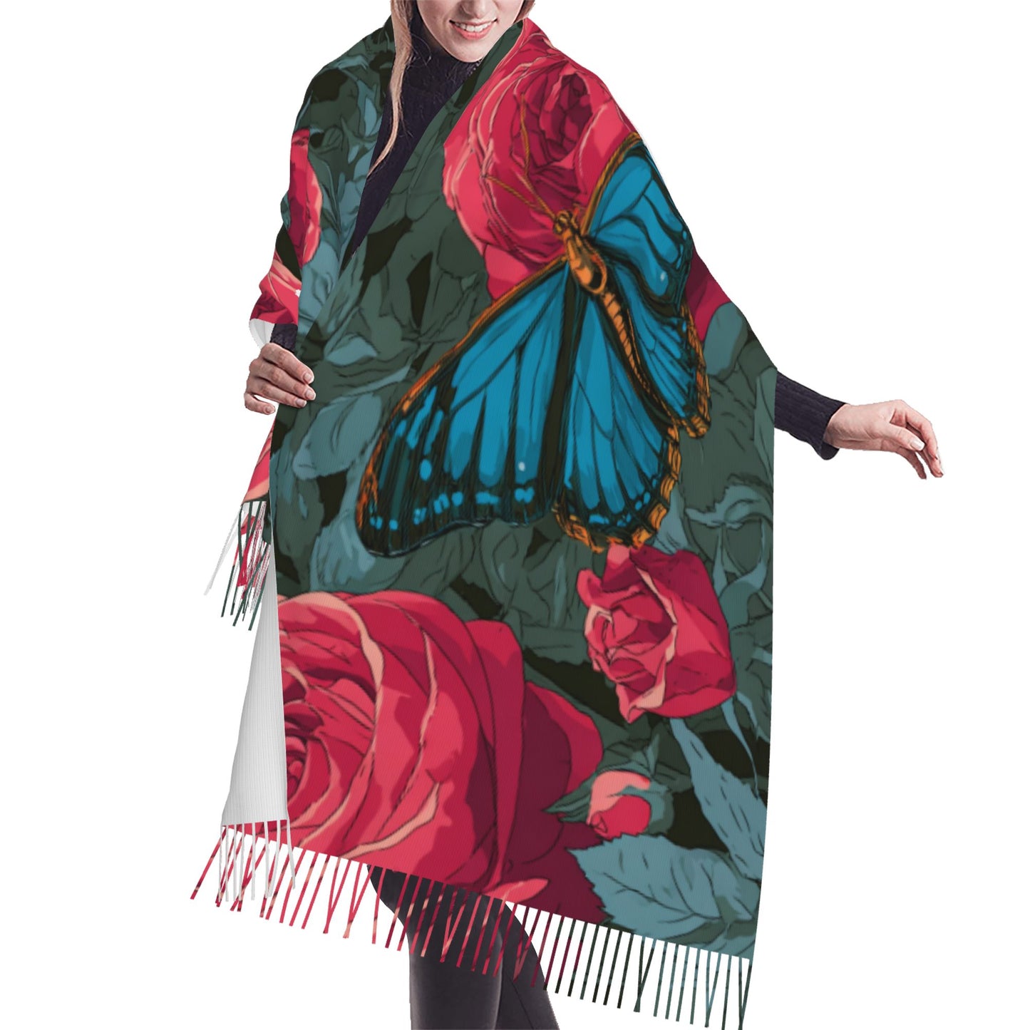 Rose and Butterfly Printed Imitation Cashmere Warm Fringed Scarf (77in×27in)