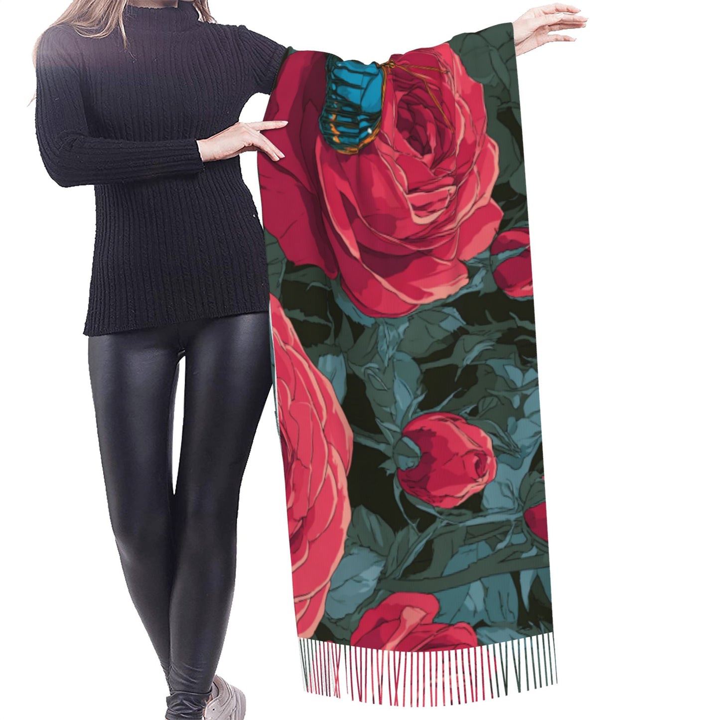 Rose and Butterfly Printed Imitation Cashmere Warm Fringed Scarf (77in×27in)