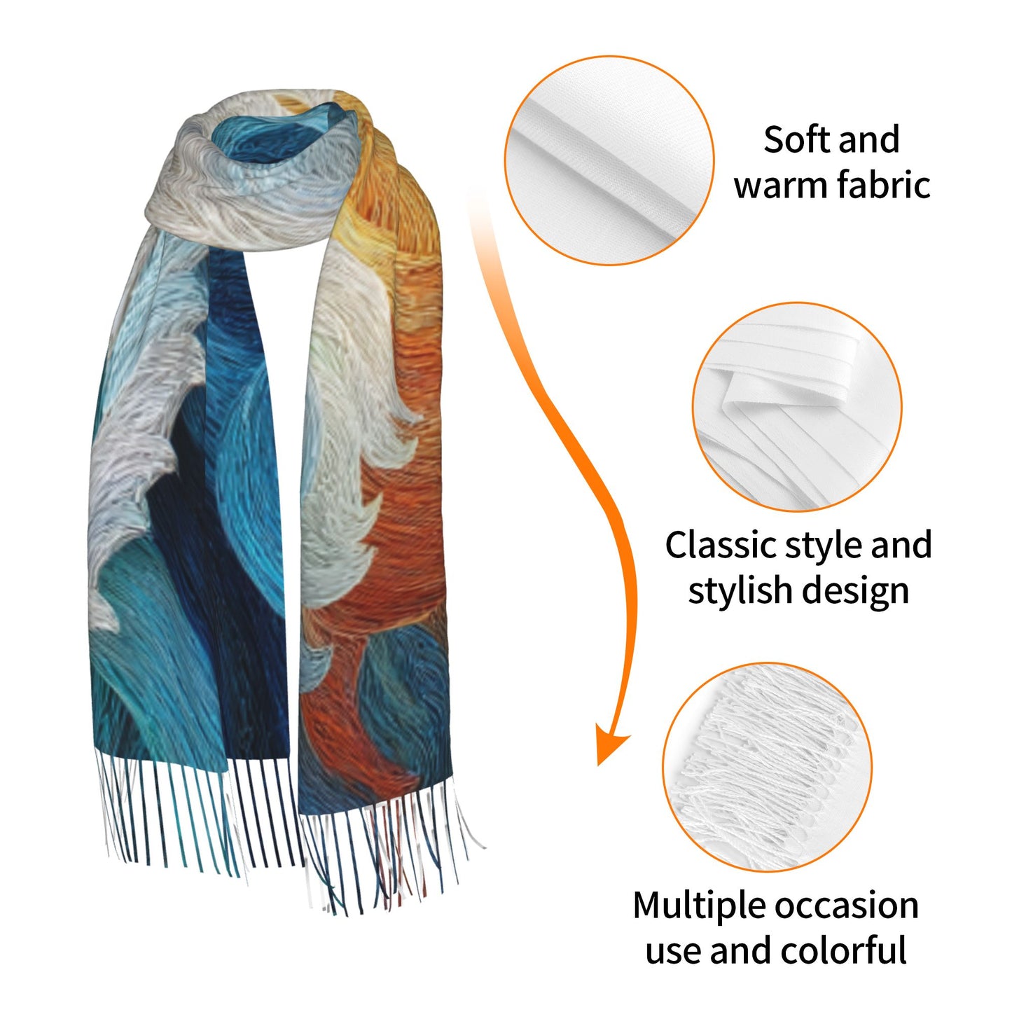 Sea Wave Art Imitation Cashmere Warm Fringed Scarf (77in×27in)