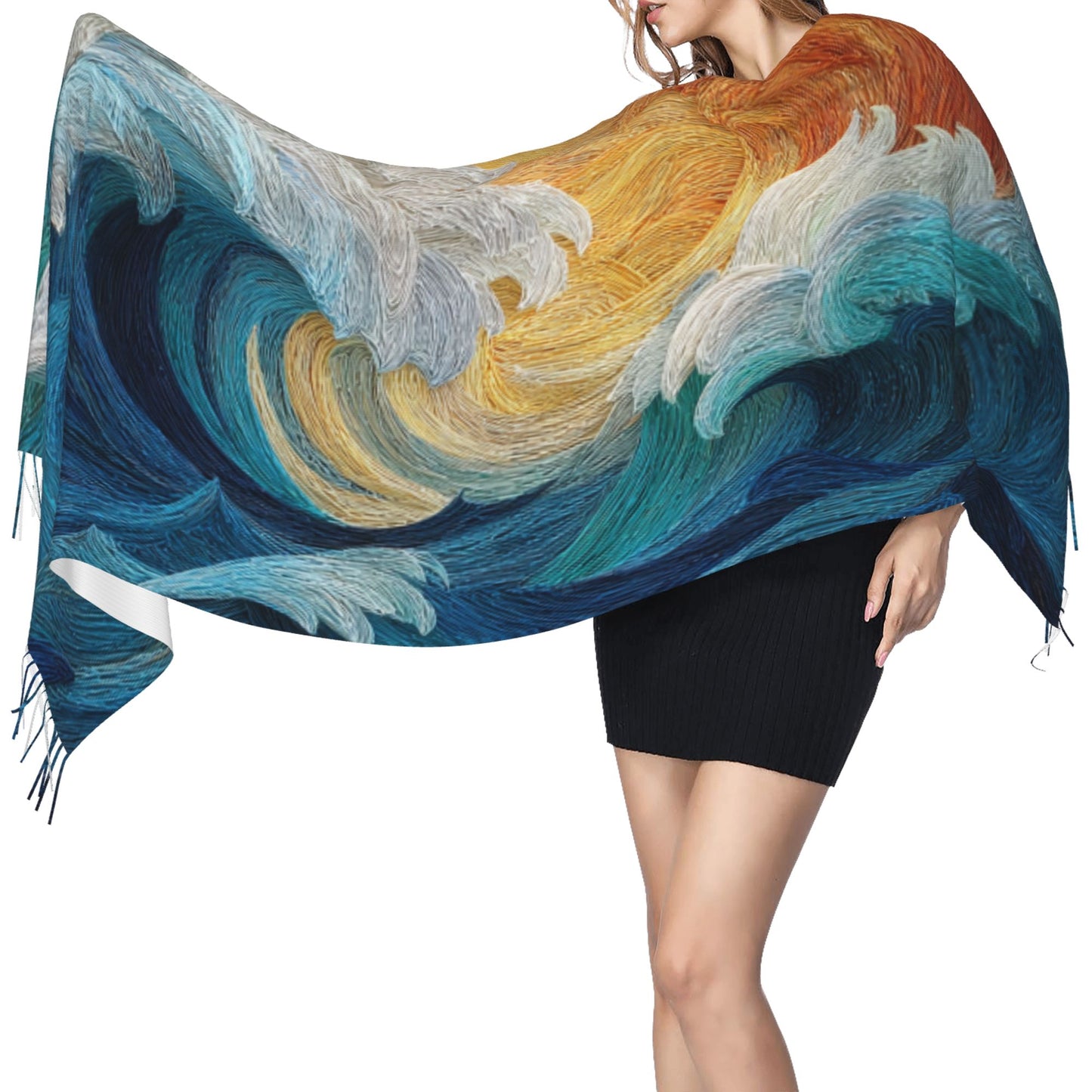 Sea Wave Art Imitation Cashmere Warm Fringed Scarf (77in×27in)