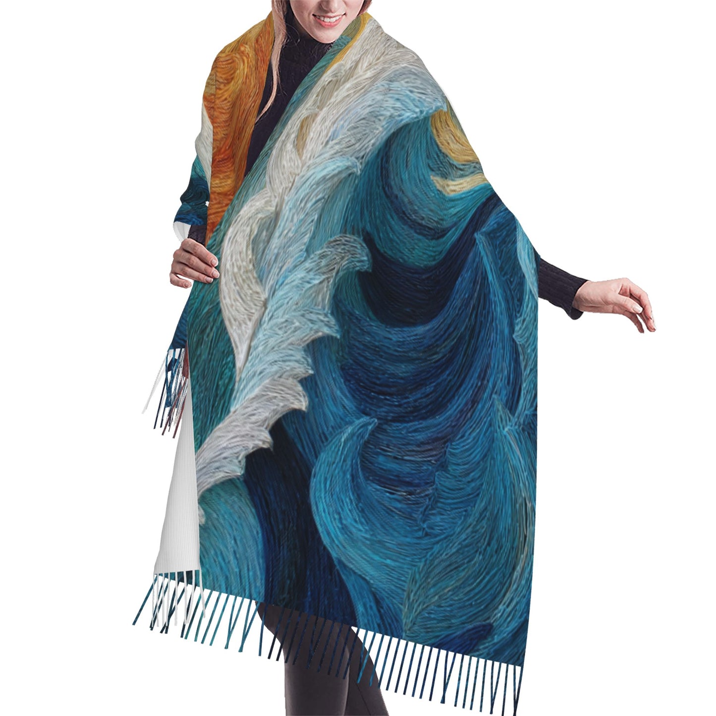 Sea Wave Art Imitation Cashmere Warm Fringed Scarf (77in×27in)