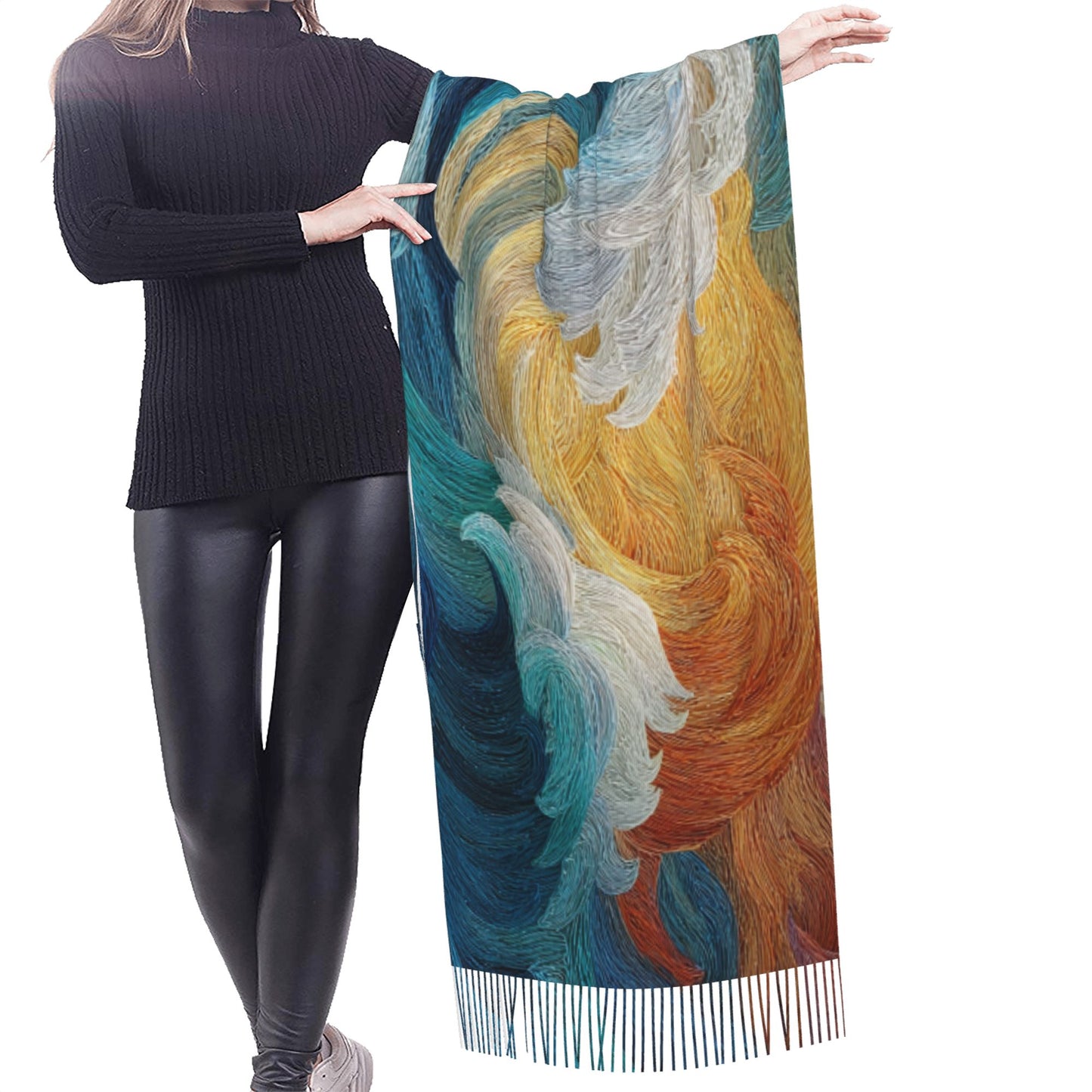 Sea Wave Art Imitation Cashmere Warm Fringed Scarf (77in×27in)