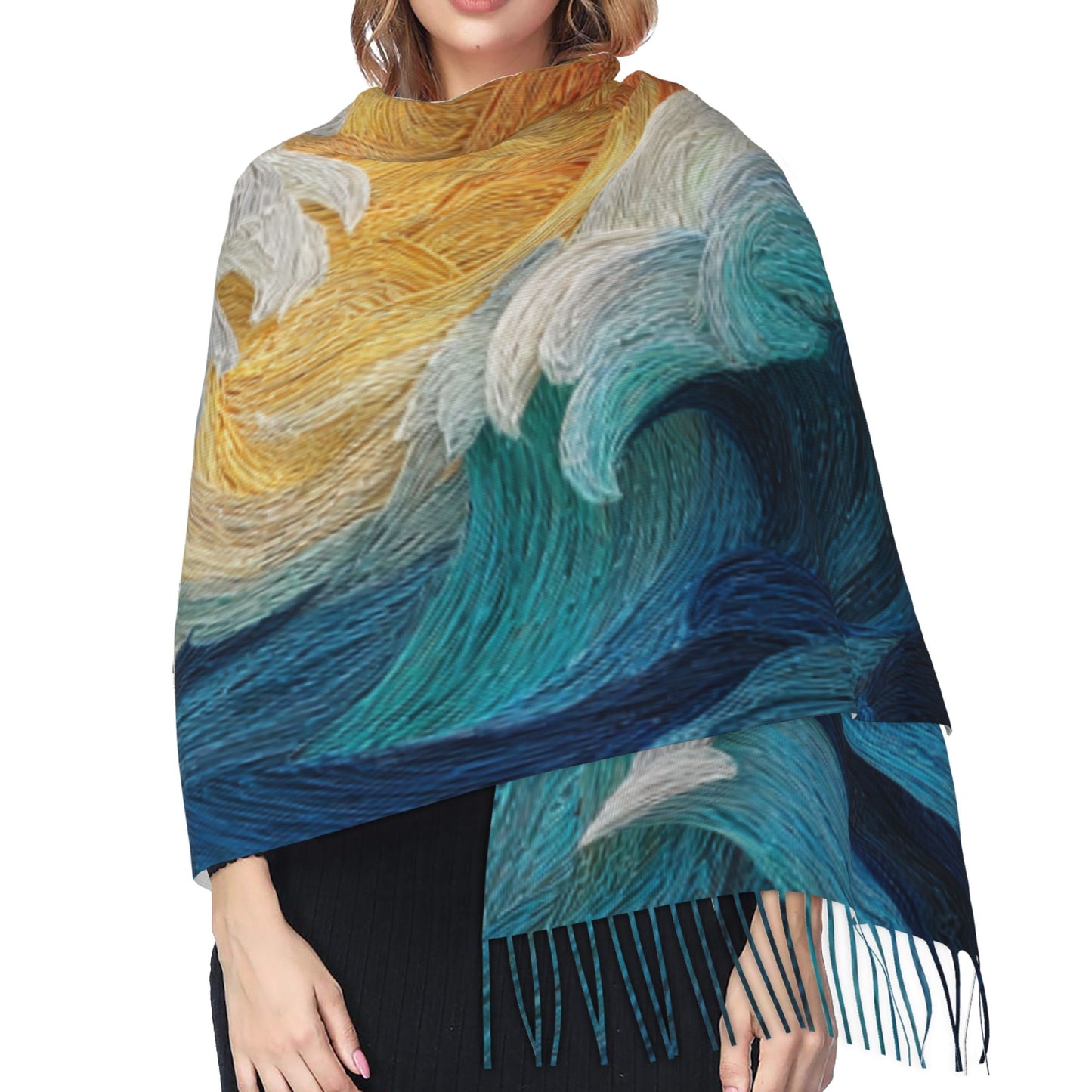 Sea Wave Art Imitation Cashmere Warm Fringed Scarf (77in×27in)