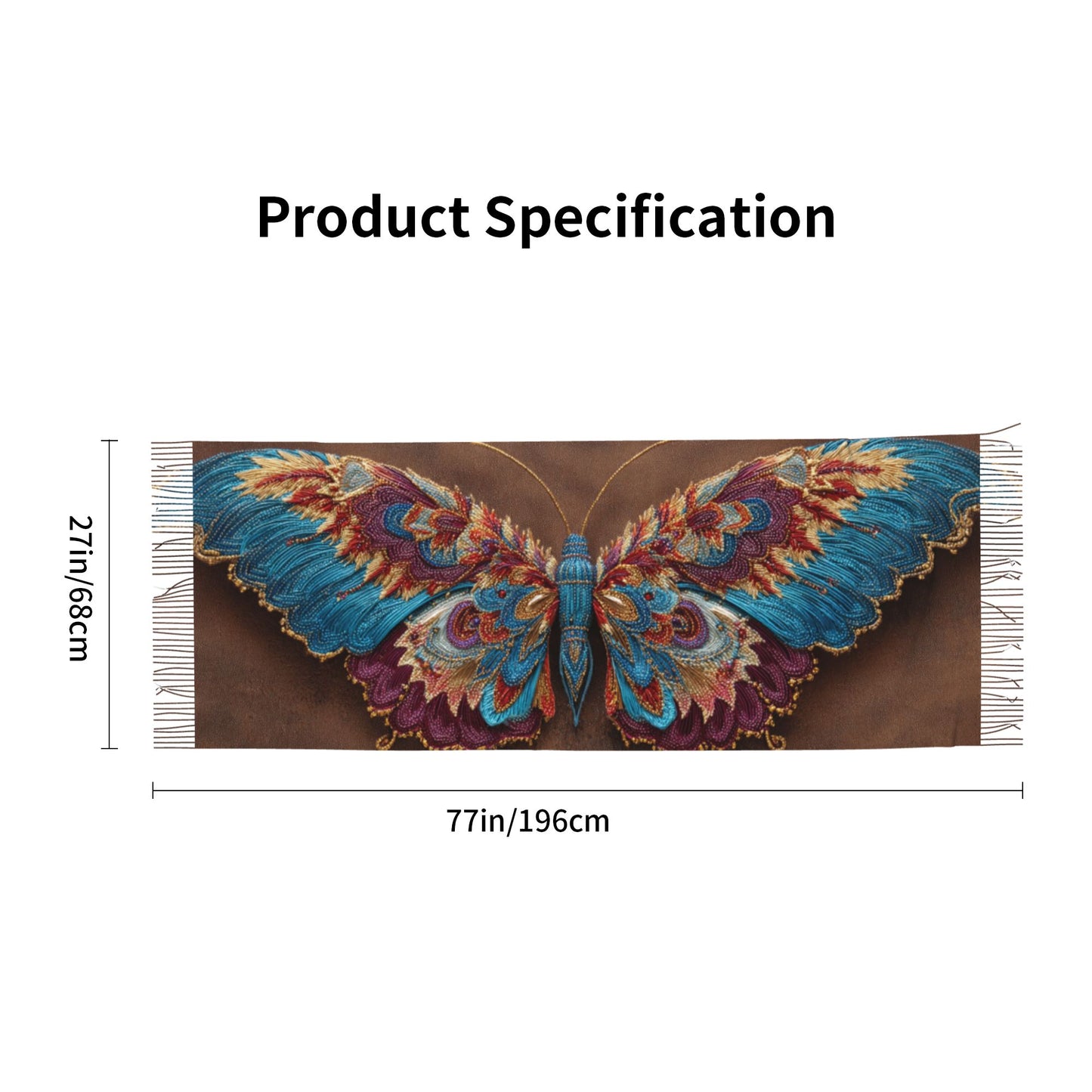 Gorgeous Embroidered Butterfly Imitation Cashmere Warm Fringed Scarf (77in×27in)