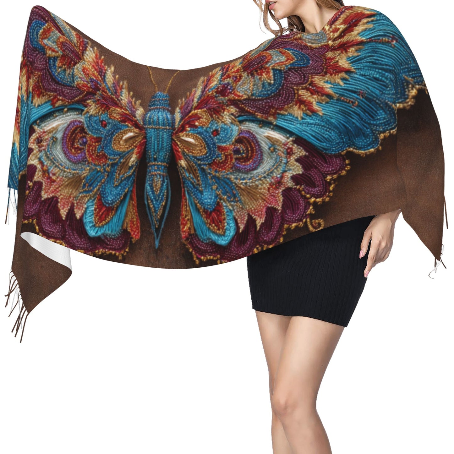 Gorgeous Embroidered Butterfly Imitation Cashmere Warm Fringed Scarf (77in×27in)