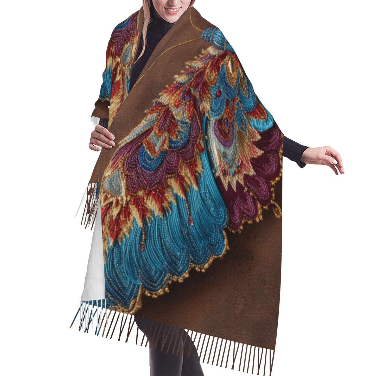 Gorgeous Embroidered Butterfly Imitation Cashmere Warm Fringed Scarf (77in×27in)