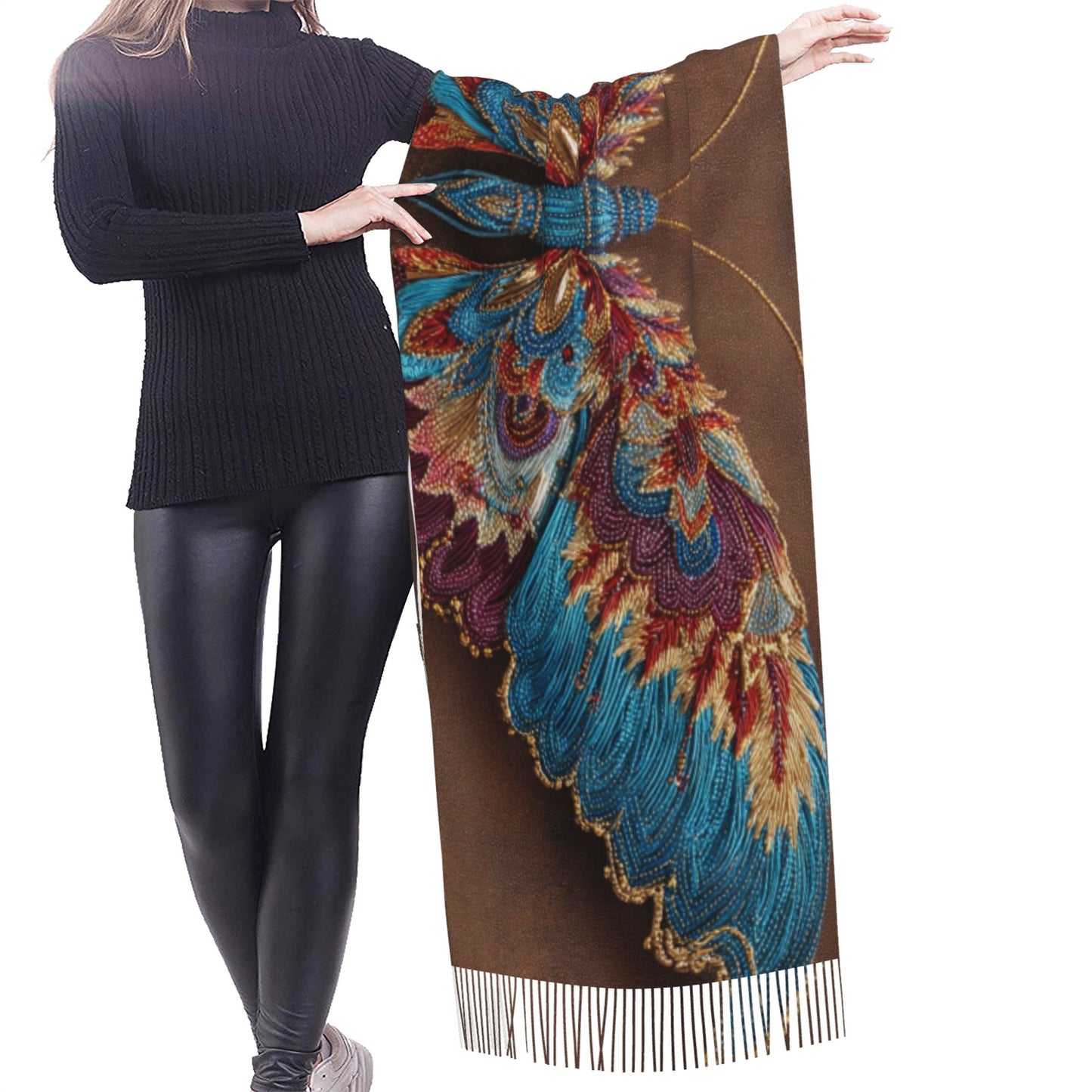Gorgeous Embroidered Butterfly Imitation Cashmere Warm Fringed Scarf (77in×27in)
