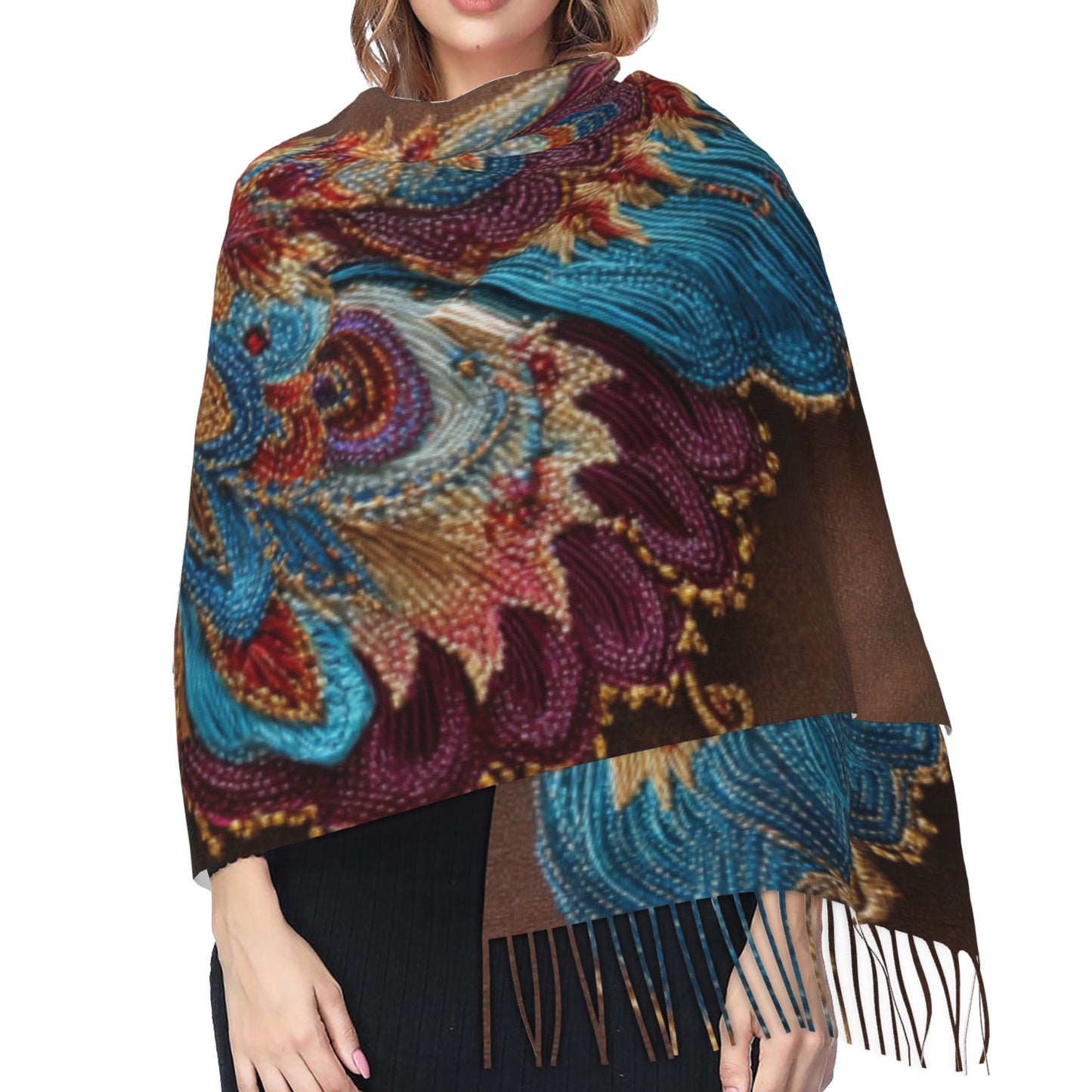 Gorgeous Embroidered Butterfly Imitation Cashmere Warm Fringed Scarf (77in×27in)
