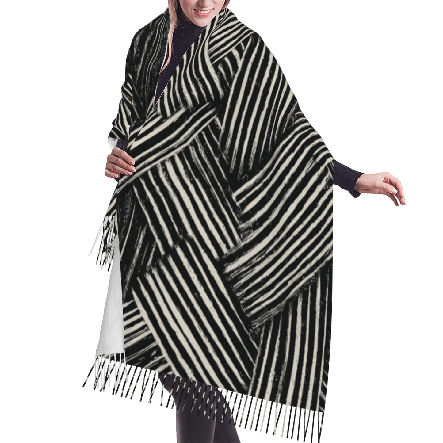 Black & White Geometric Faux Cashmere Tassel Scarf|Soft Long Winter Shawl Wrap|196x68cm