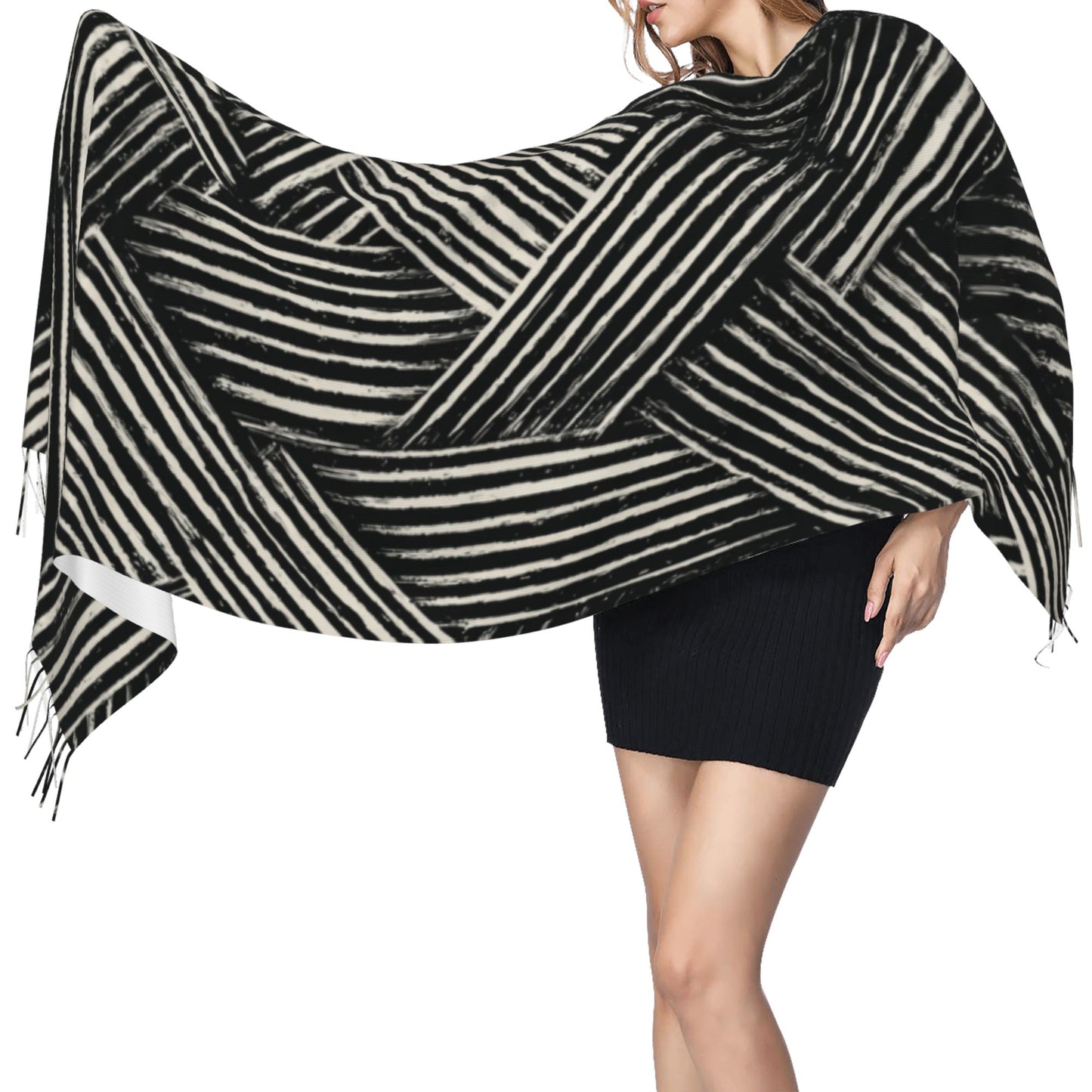 Black & White Geometric Faux Cashmere Tassel Scarf|Soft Long Winter Shawl Wrap|196x68cm