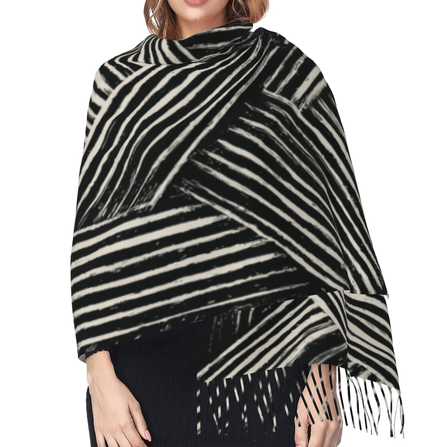 Black & White Geometric Faux Cashmere Tassel Scarf|Soft Long Winter Shawl Wrap|196x68cm