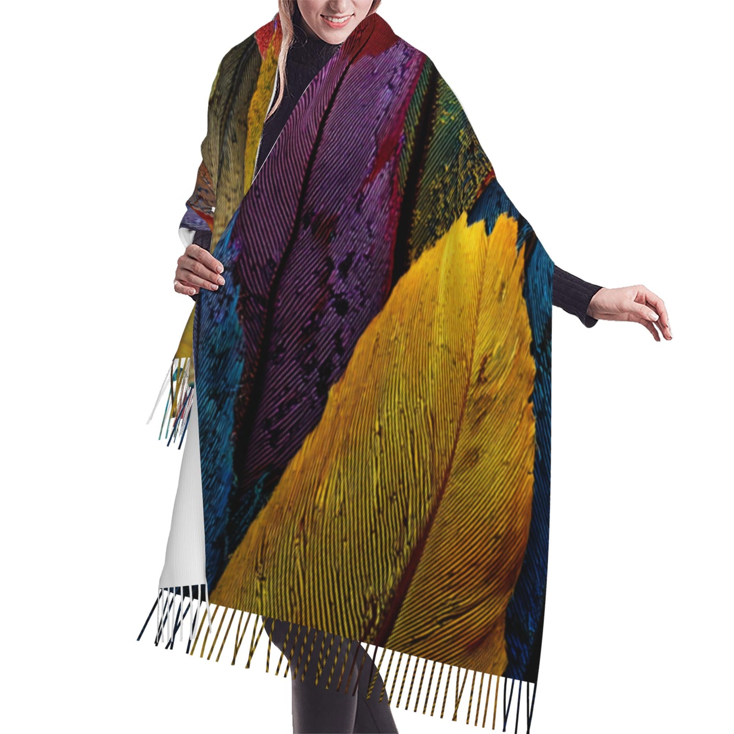 Colorful Feather Print Faux Cashmere Tassel Scarf|Soft Warm Winter Wrap|Oversized Shawl 77"x27"