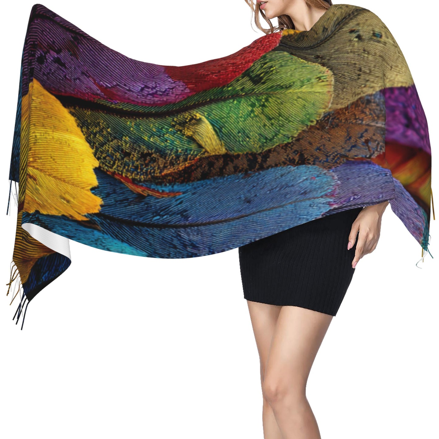 Colorful Feather Print Faux Cashmere Tassel Scarf|Soft Warm Winter Wrap|Oversized Shawl 77"x27"