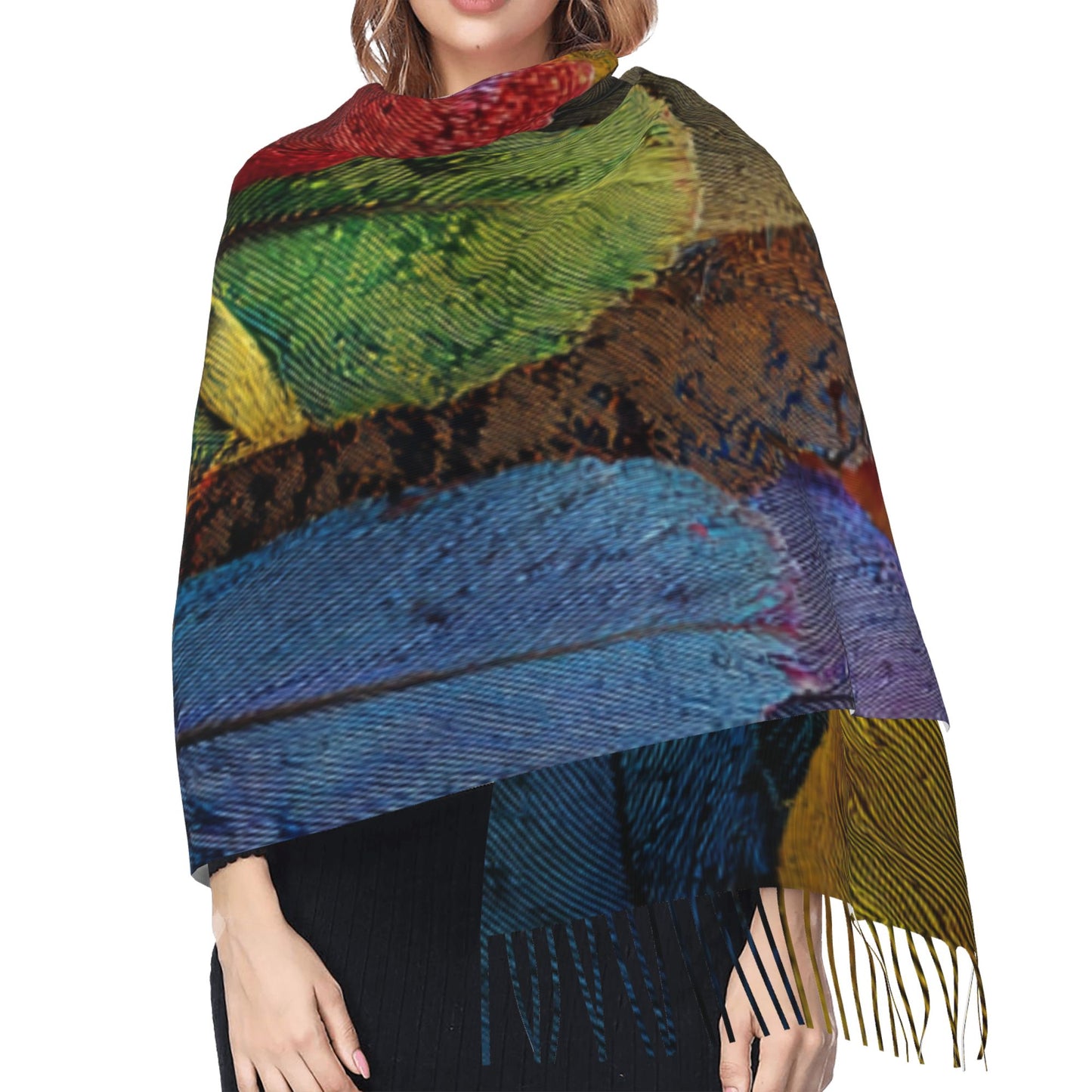 Colorful Feather Print Faux Cashmere Tassel Scarf|Soft Warm Winter Wrap|Oversized Shawl 77"x27"