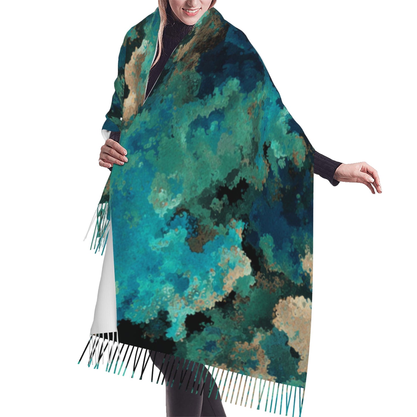Blue-Green Cloud Pattern Faux Cashmere Tassel Scarf|Soft Warm Long Winter Shawl|77"x27" Artistic Wrap