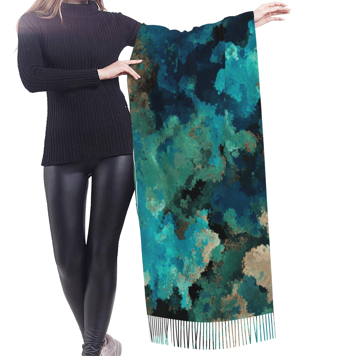 Blue-Green Cloud Pattern Faux Cashmere Tassel Scarf|Soft Warm Long Winter Shawl|77"x27" Artistic Wrap