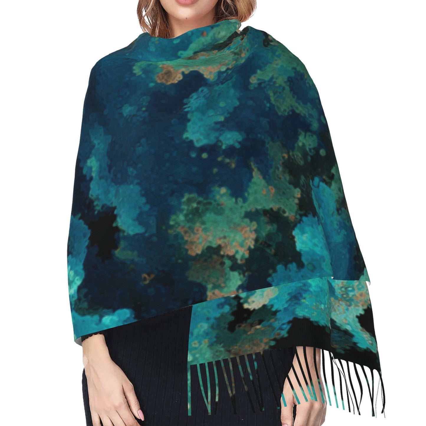 Blue-Green Cloud Pattern Faux Cashmere Tassel Scarf|Soft Warm Long Winter Shawl|77"x27" Artistic Wrap