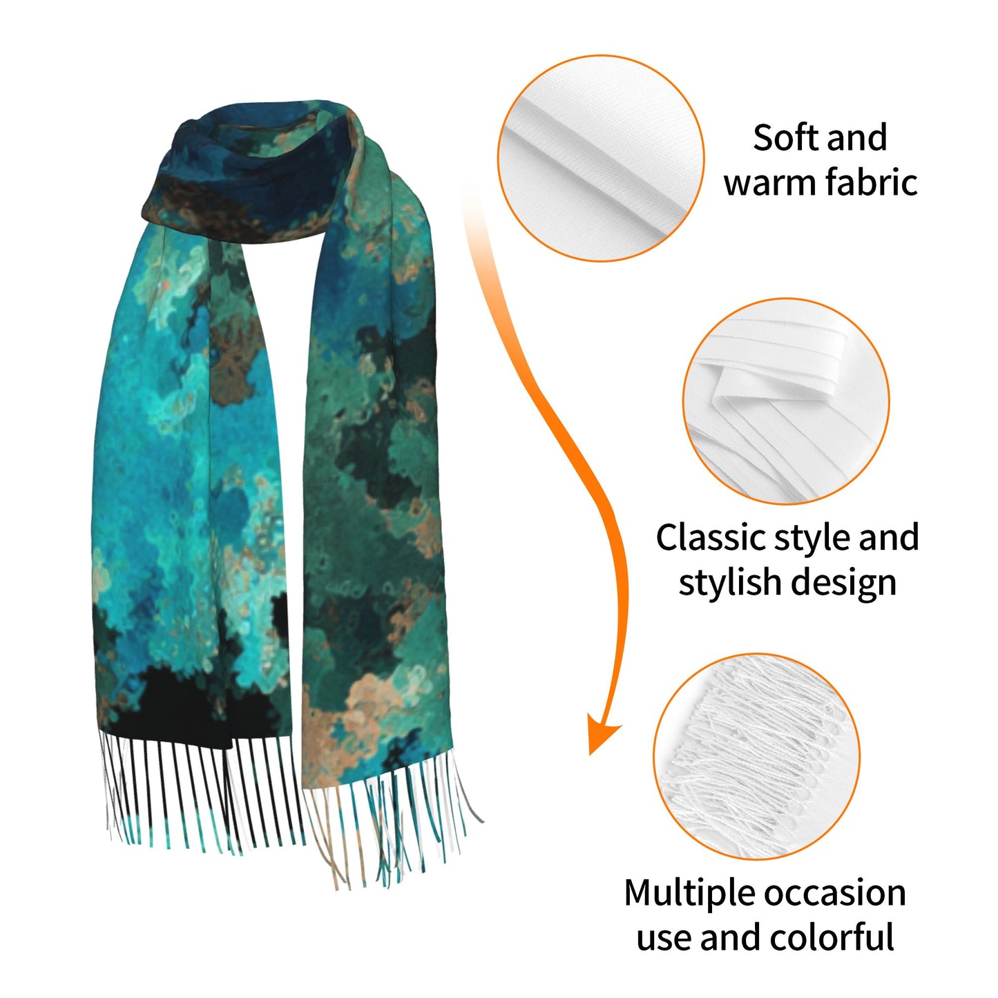 Blue-Green Cloud Pattern Faux Cashmere Tassel Scarf|Soft Warm Long Winter Shawl|77"x27" Artistic Wrap