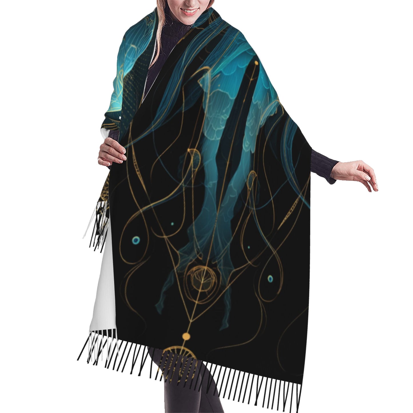 Dreamy Garden Print Faux Cashmere Tassel Scarf|Soft Warm Long Winter Shawl|Floral Artistic Wrap 77"x27"