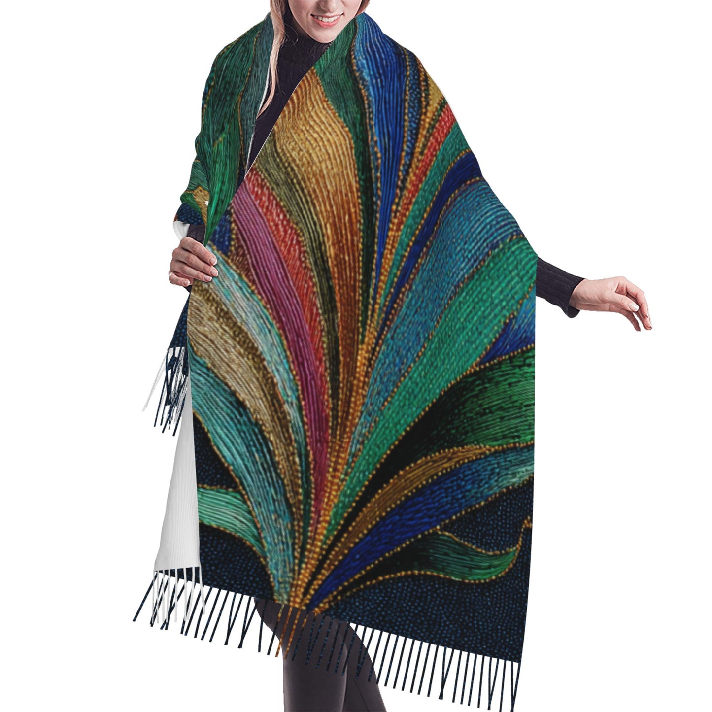 Peacock Feather Pattern Faux Cashmere Tassel Scarf|Boho Artistic Long Winter Shawl|Soft Warm Wrap 77"x27"