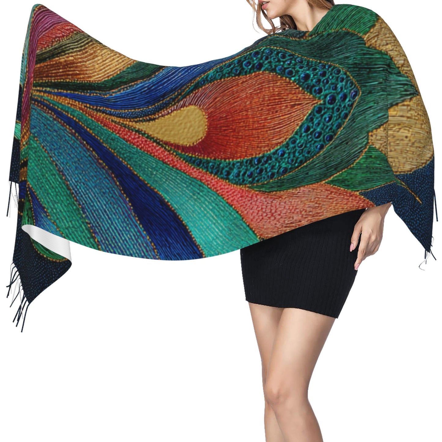 Peacock Feather Pattern Faux Cashmere Tassel Scarf|Boho Artistic Long Winter Shawl|Soft Warm Wrap 77"x27"