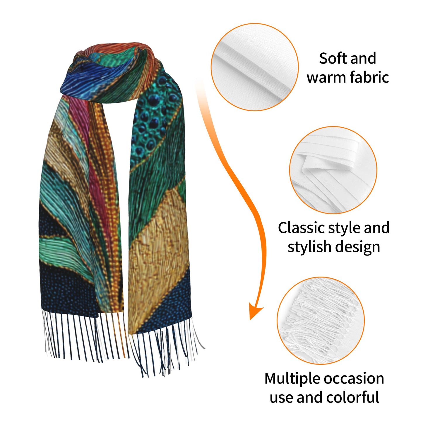Peacock Feather Pattern Faux Cashmere Tassel Scarf|Boho Artistic Long Winter Shawl|Soft Warm Wrap 77"x27"