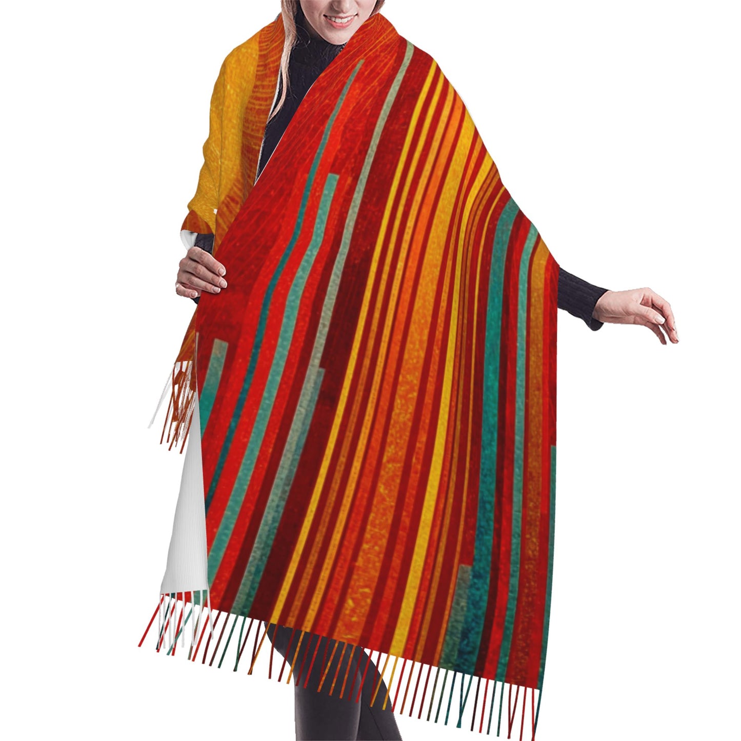 Abstract Sun Design Faux Cashmere Tassel Scarf|Artistic Warm Winter Shawl|Soft Oversized Wrap 77"x27"