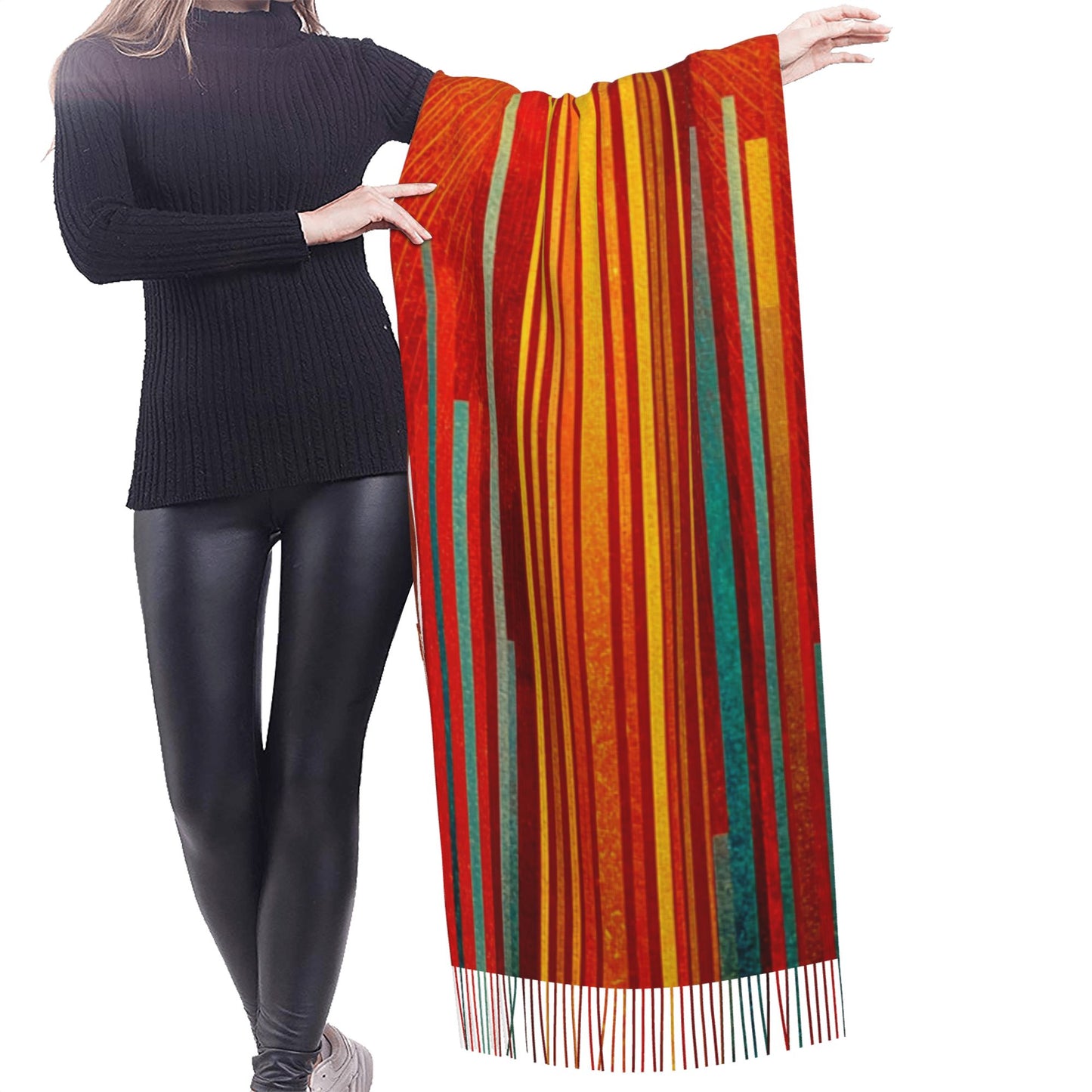 Abstract Sun Design Faux Cashmere Tassel Scarf|Artistic Warm Winter Shawl|Soft Oversized Wrap 77"x27"