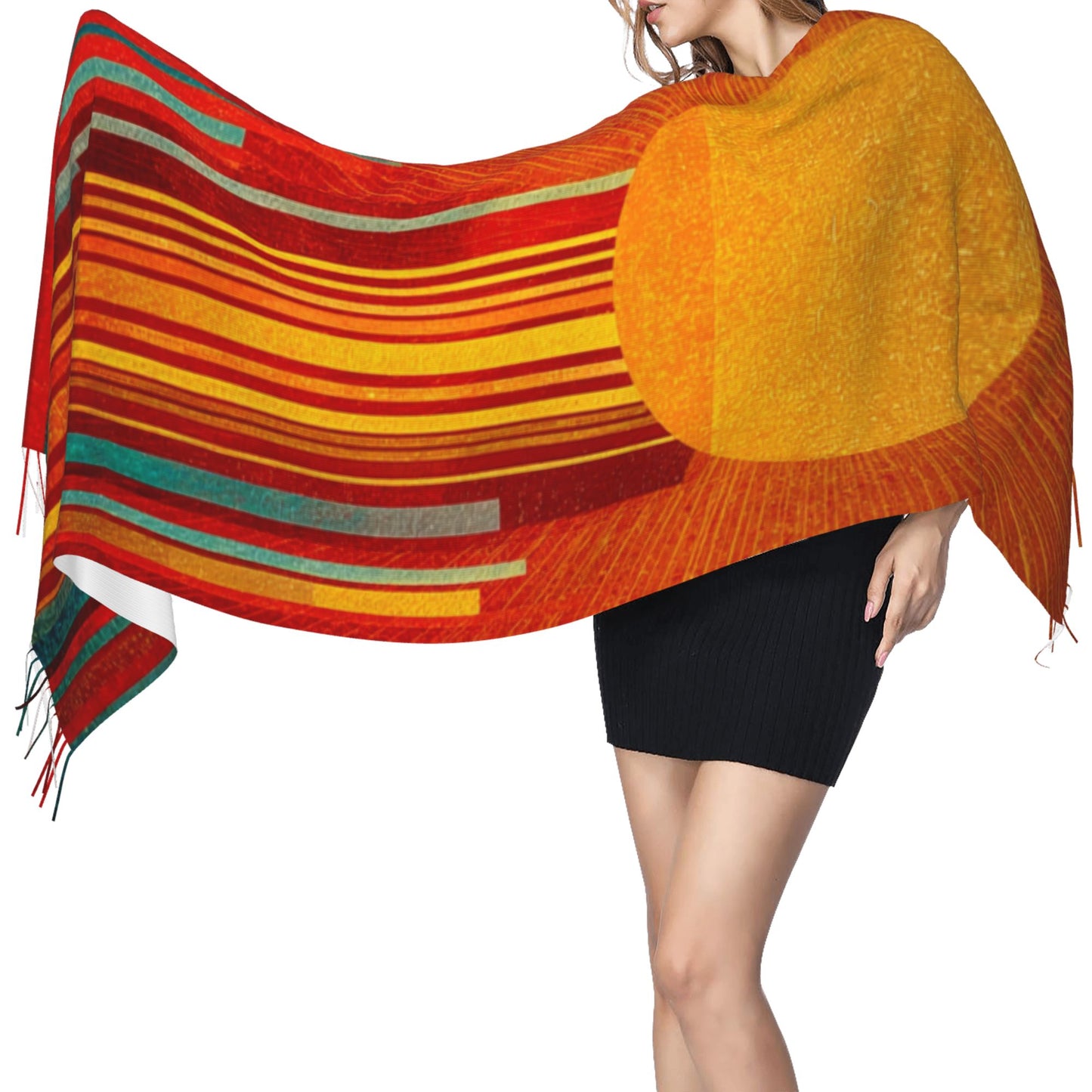 Abstract Sun Design Faux Cashmere Tassel Scarf|Artistic Warm Winter Shawl|Soft Oversized Wrap 77"x27"