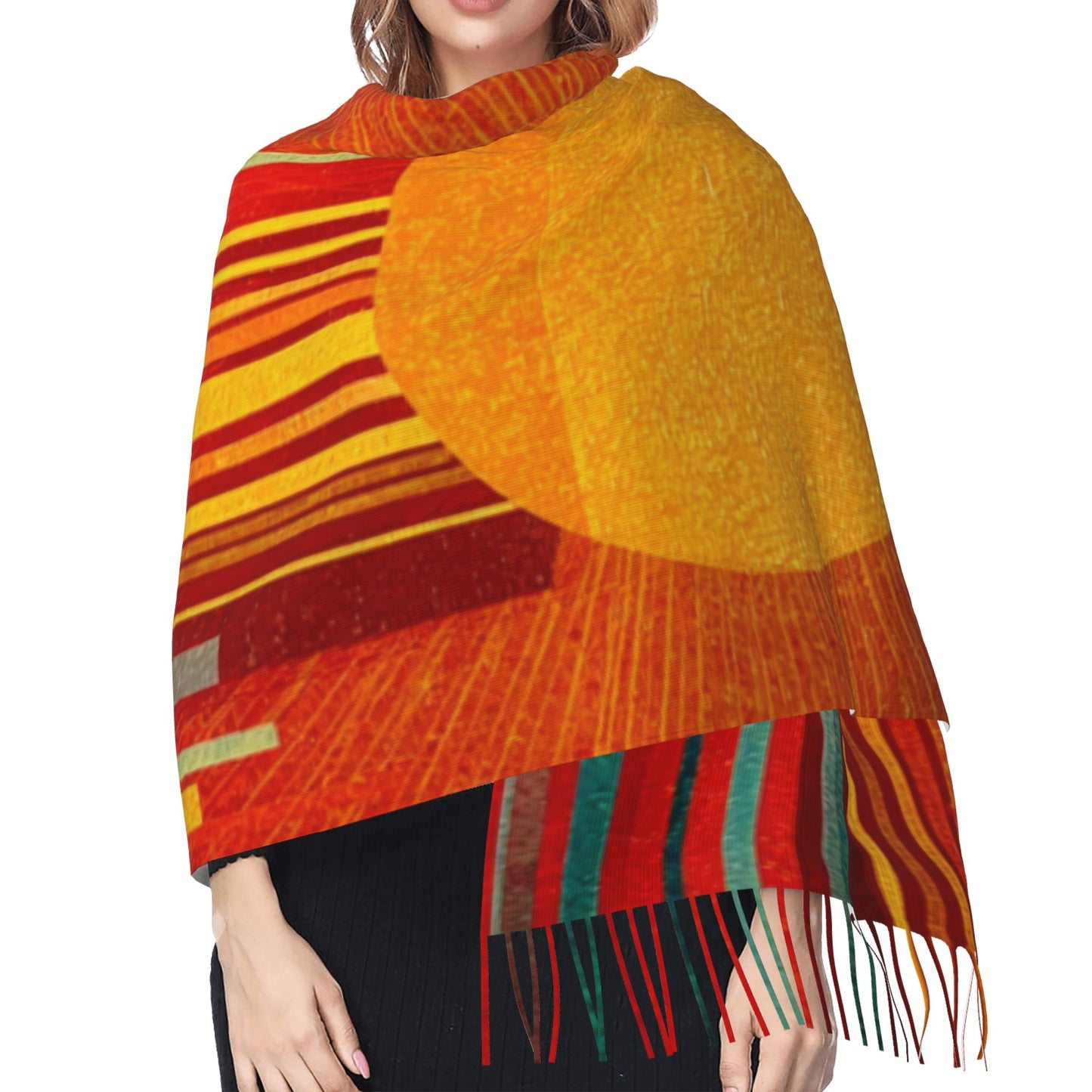 Abstract Sun Design Faux Cashmere Tassel Scarf|Artistic Warm Winter Shawl|Soft Oversized Wrap 77"x27"