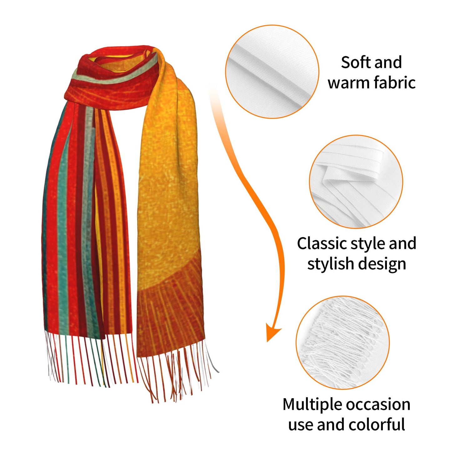 Abstract Sun Design Faux Cashmere Tassel Scarf|Artistic Warm Winter Shawl|Soft Oversized Wrap 77"x27"