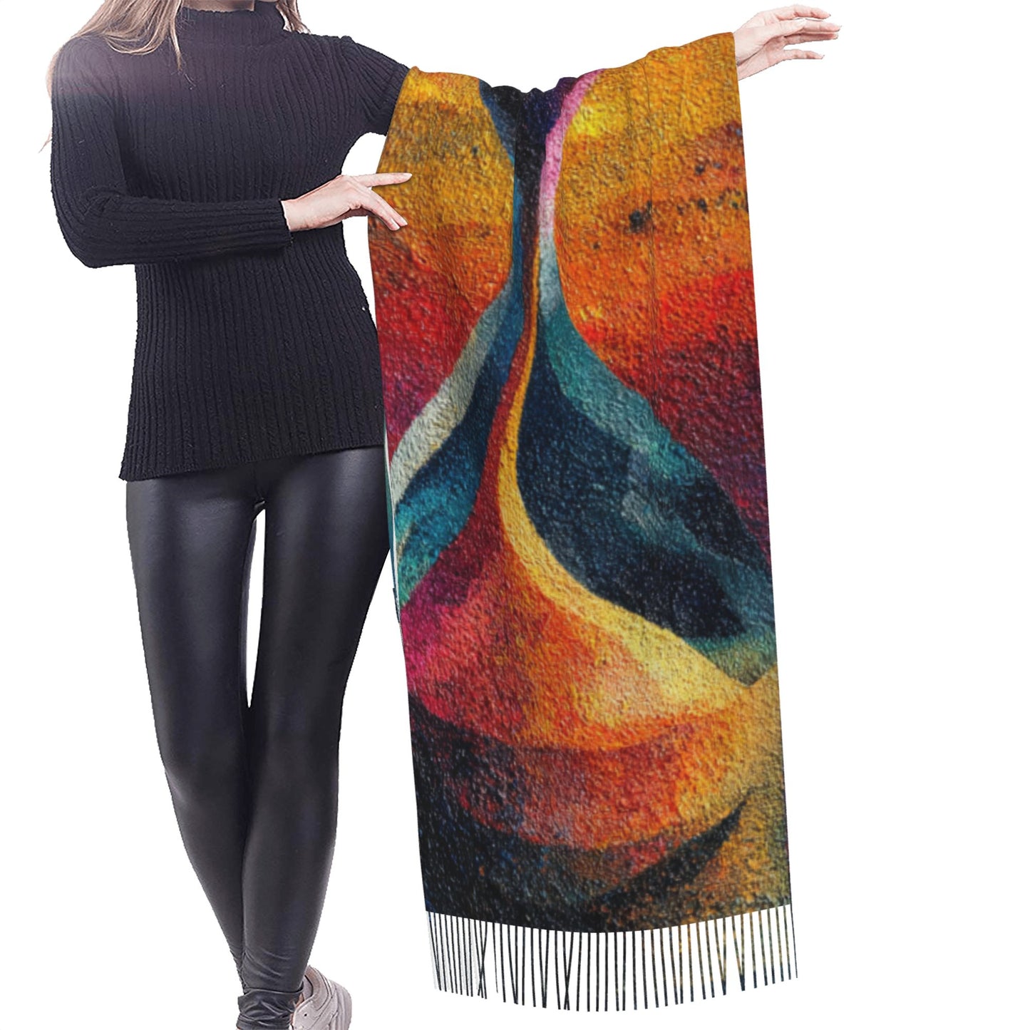 Abstract Sun Design Faux Cashmere Tassel Scarf|Artistic Warm Winter Shawl|Soft Oversized Wrap 77"x27"