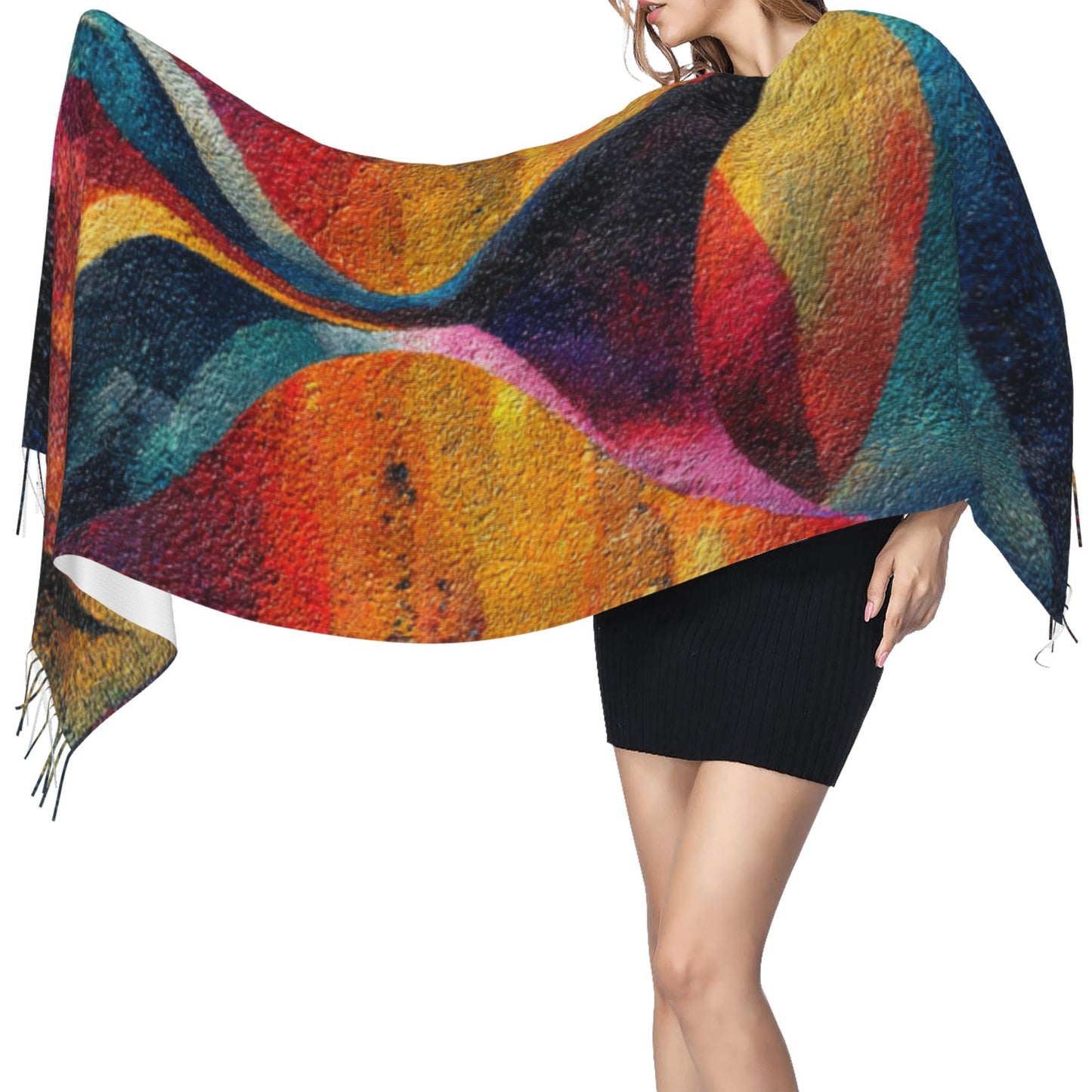 Abstract Sun Design Faux Cashmere Tassel Scarf|Artistic Warm Winter Shawl|Soft Oversized Wrap 77"x27"