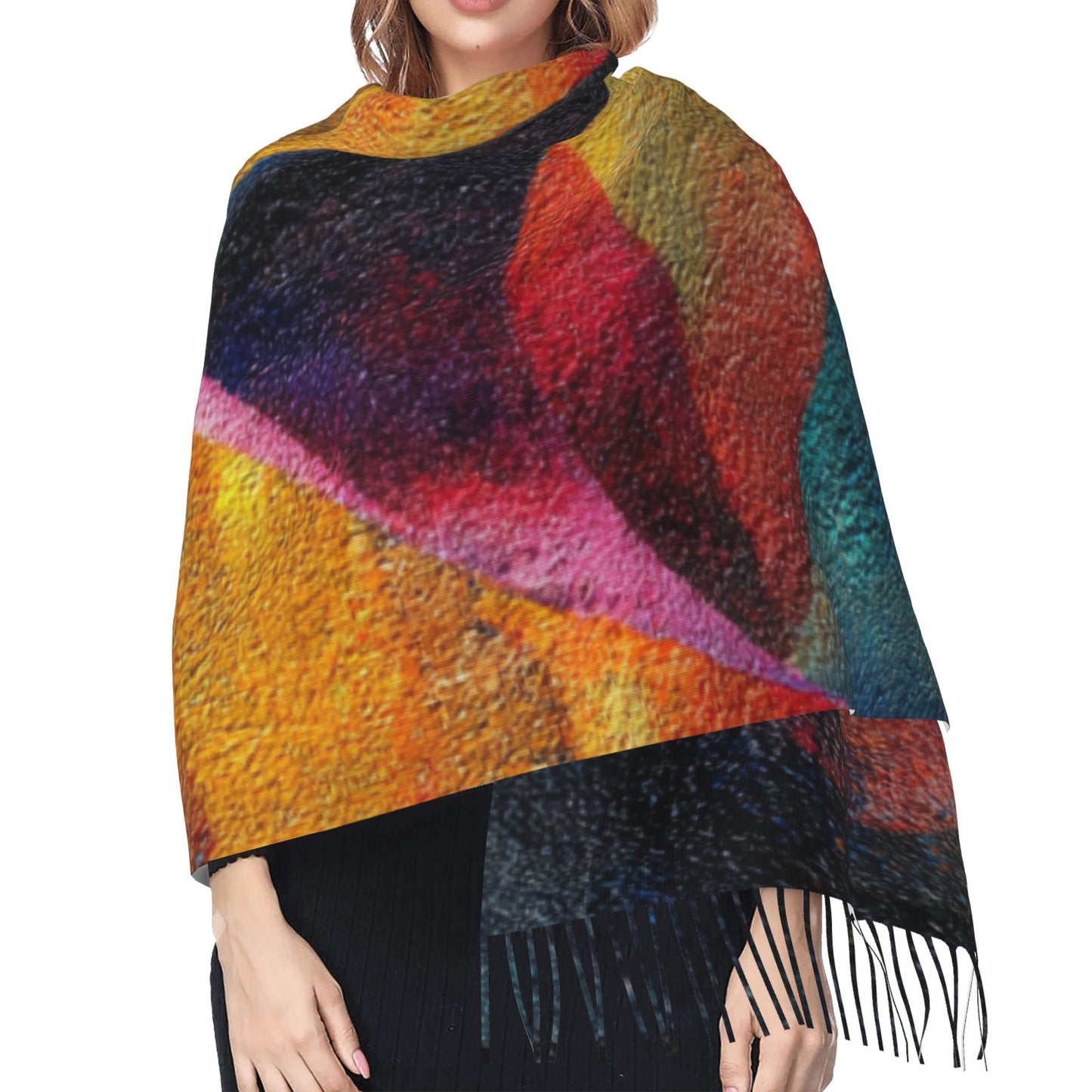 Abstract Sun Design Faux Cashmere Tassel Scarf|Artistic Warm Winter Shawl|Soft Oversized Wrap 77"x27"