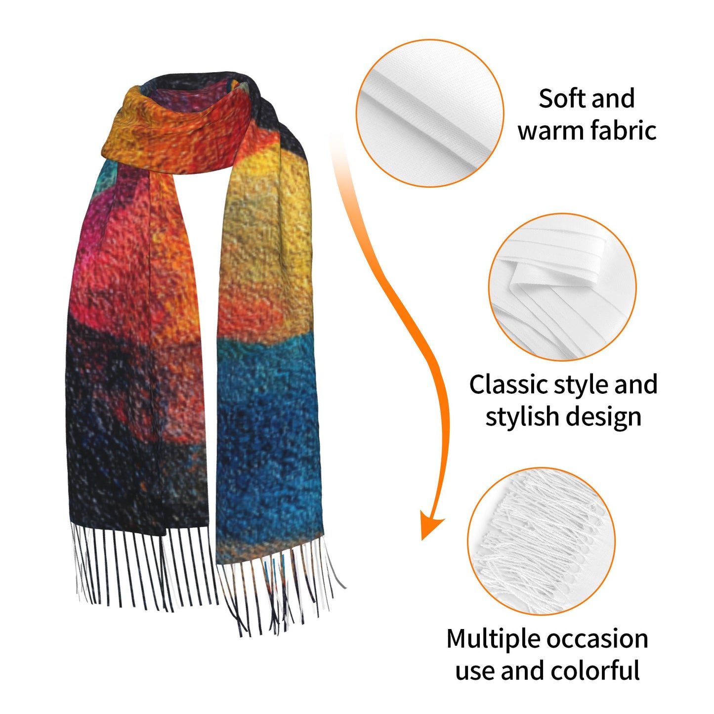 Abstract Sun Design Faux Cashmere Tassel Scarf|Artistic Warm Winter Shawl|Soft Oversized Wrap 77"x27"