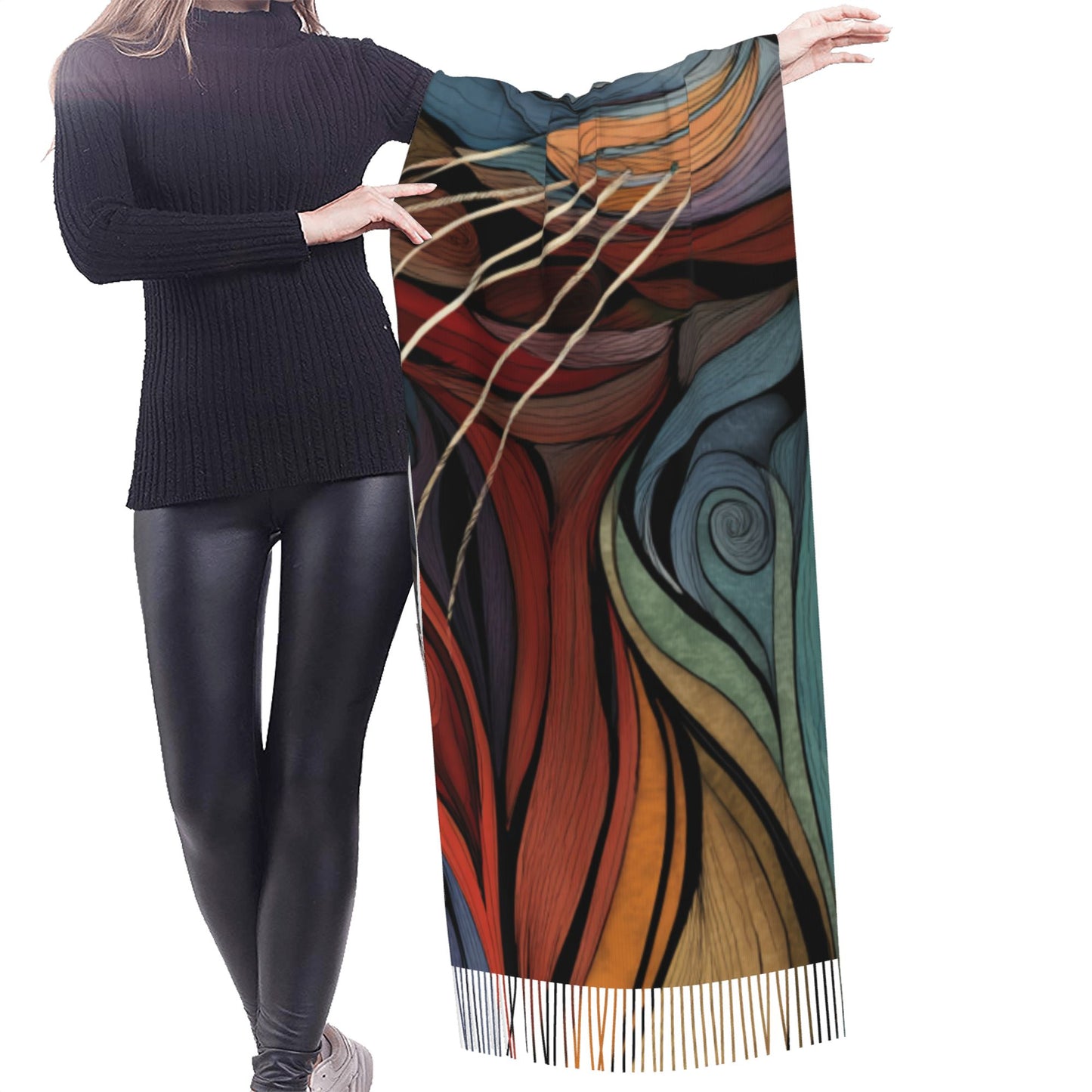 Abstract Cat Face Faux Cashmere Tassel Scarf|Art-Inspired Soft Warm Wrap|Stylish Winter Shawl 77"x27"