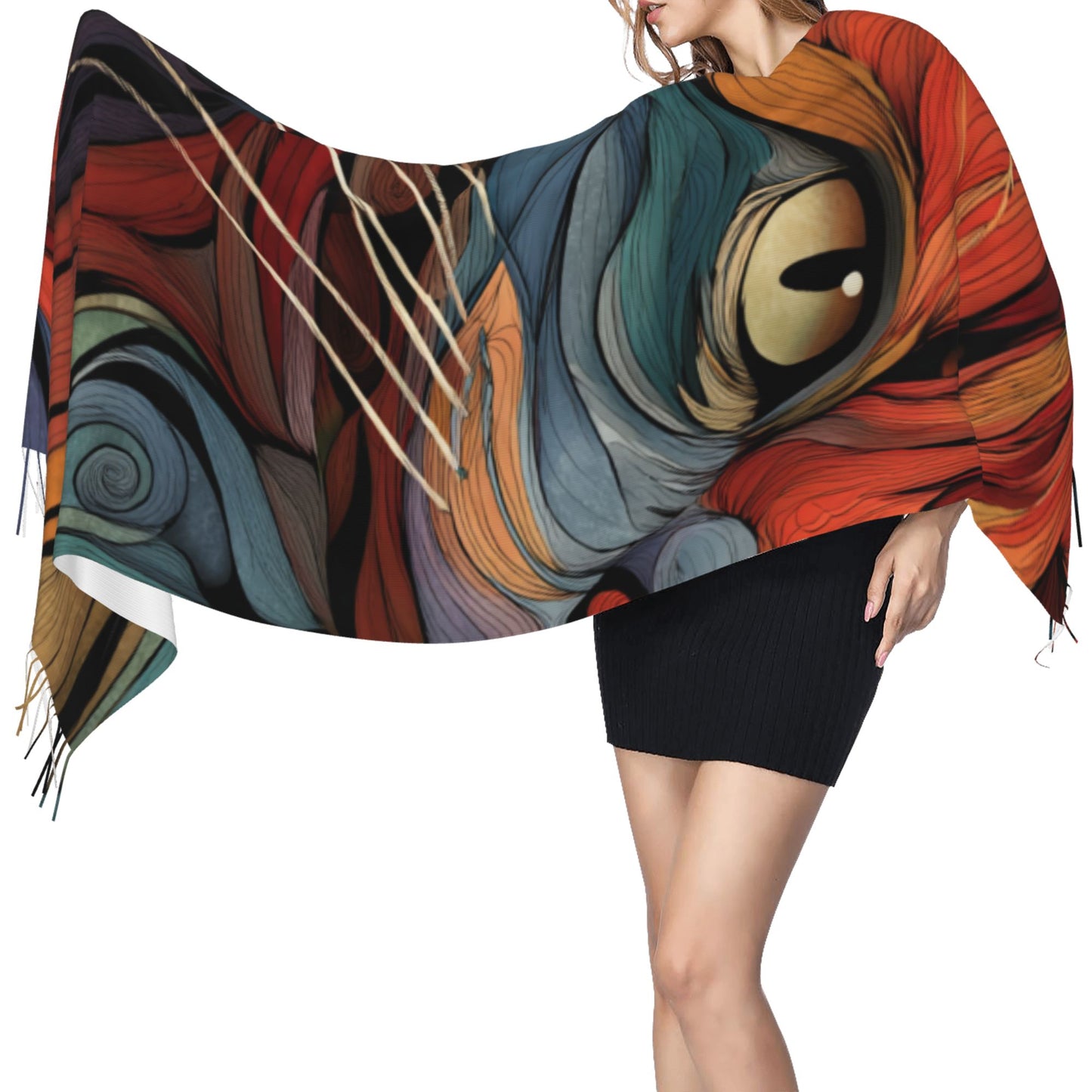 Abstract Cat Face Faux Cashmere Tassel Scarf|Art-Inspired Soft Warm Wrap|Stylish Winter Shawl 77"x27"