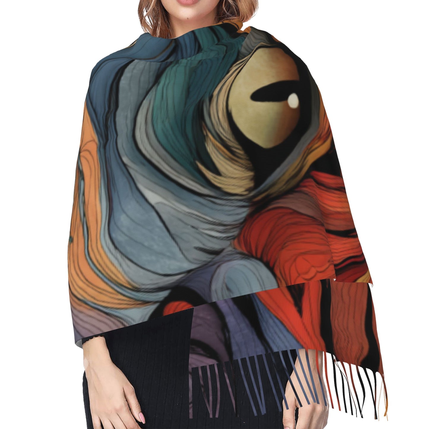 Abstract Cat Face Faux Cashmere Tassel Scarf|Art-Inspired Soft Warm Wrap|Stylish Winter Shawl 77"x27"