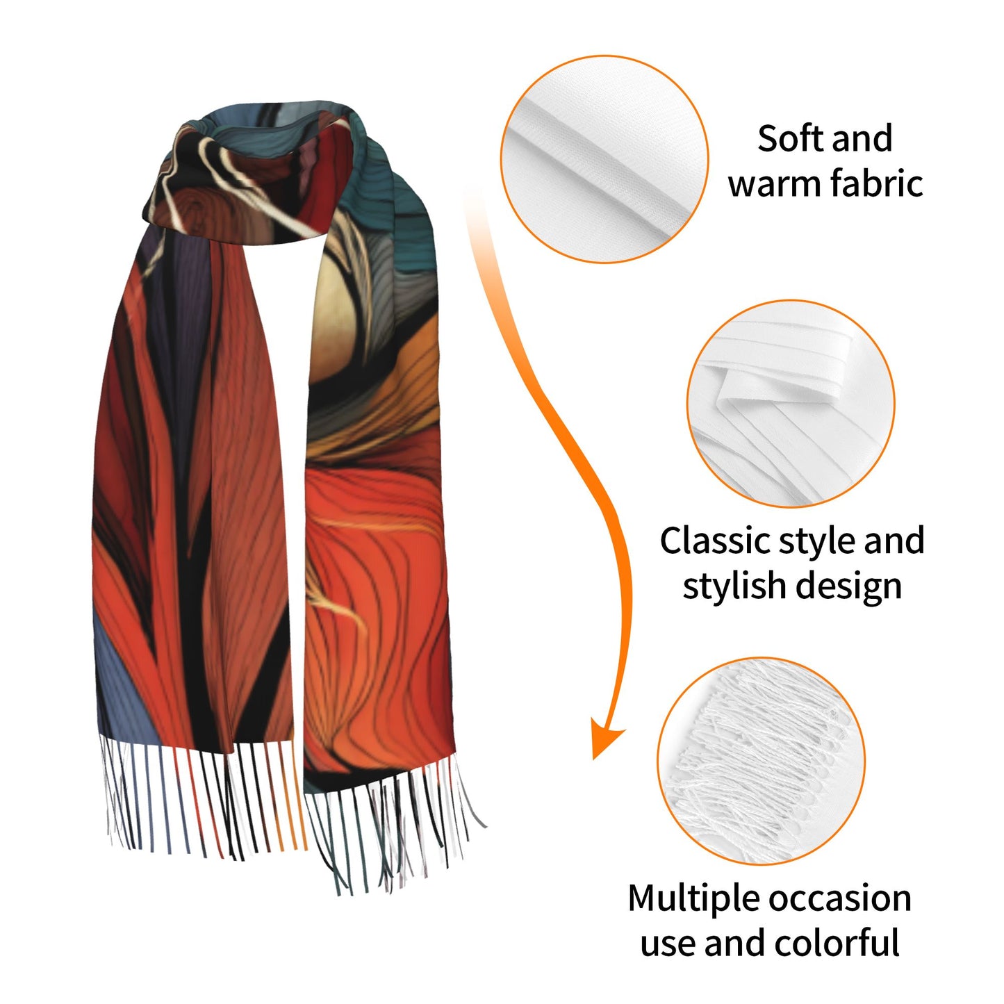 Abstract Cat Face Faux Cashmere Tassel Scarf|Art-Inspired Soft Warm Wrap|Stylish Winter Shawl 77"x27"