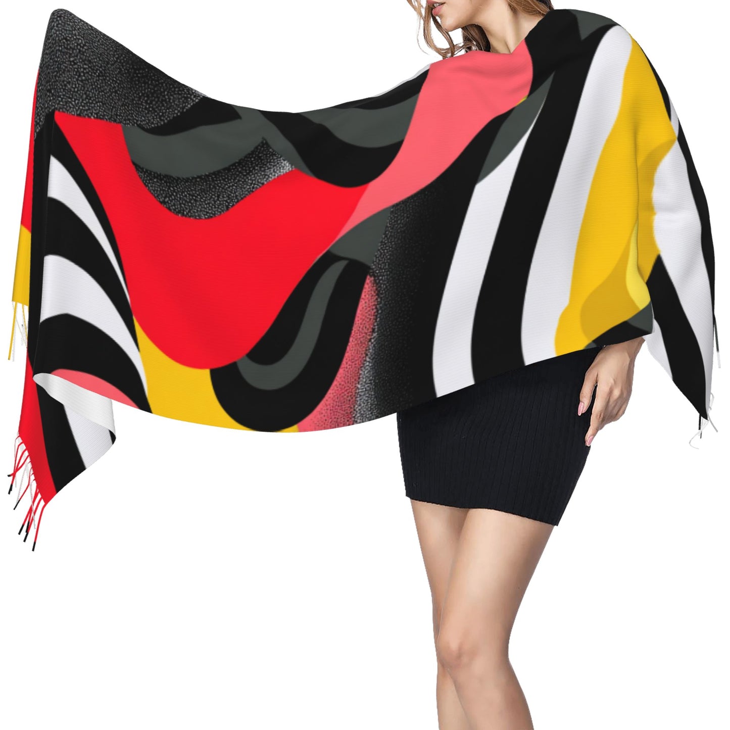 Abstract Pattern Faux Cashmere Tassel Scarf｜Warm Oversized Winter Shawl｜Soft Wrap 77"x27"