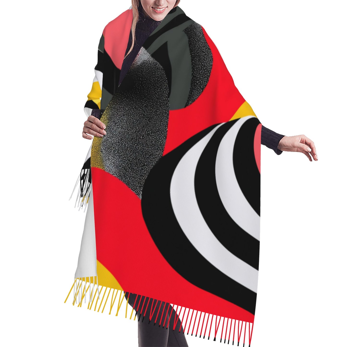 Abstract Pattern Faux Cashmere Tassel Scarf｜Warm Oversized Winter Shawl｜Soft Wrap 77"x27"