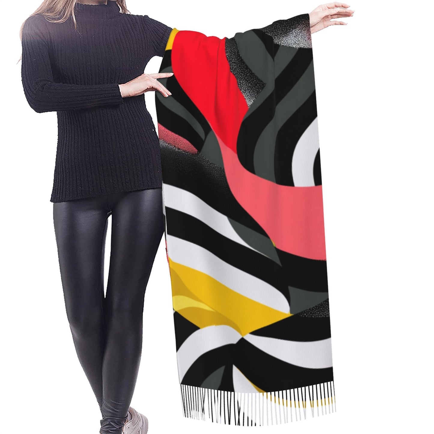 Abstract Pattern Faux Cashmere Tassel Scarf｜Warm Oversized Winter Shawl｜Soft Wrap 77"x27"