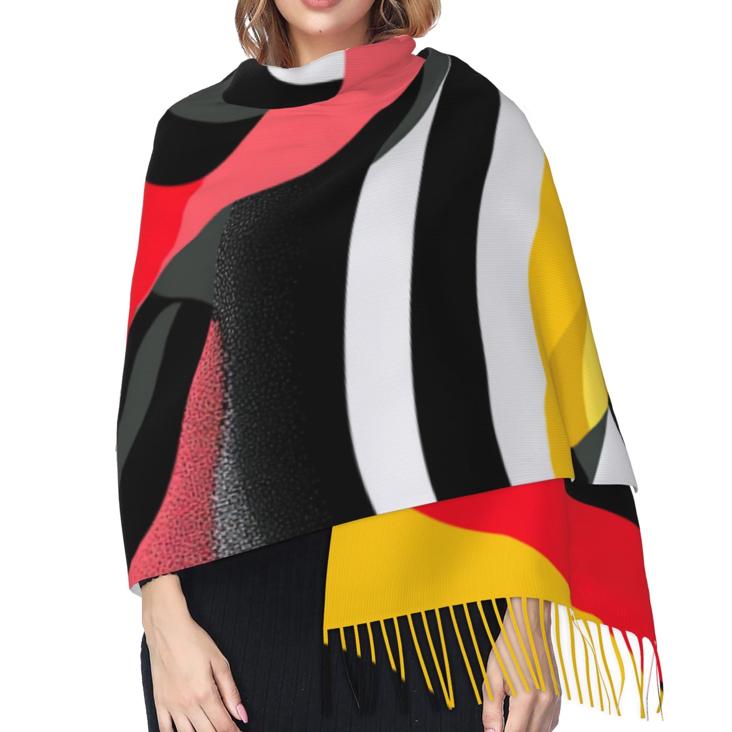Abstract Pattern Faux Cashmere Tassel Scarf｜Warm Oversized Winter Shawl｜Soft Wrap 77"x27"