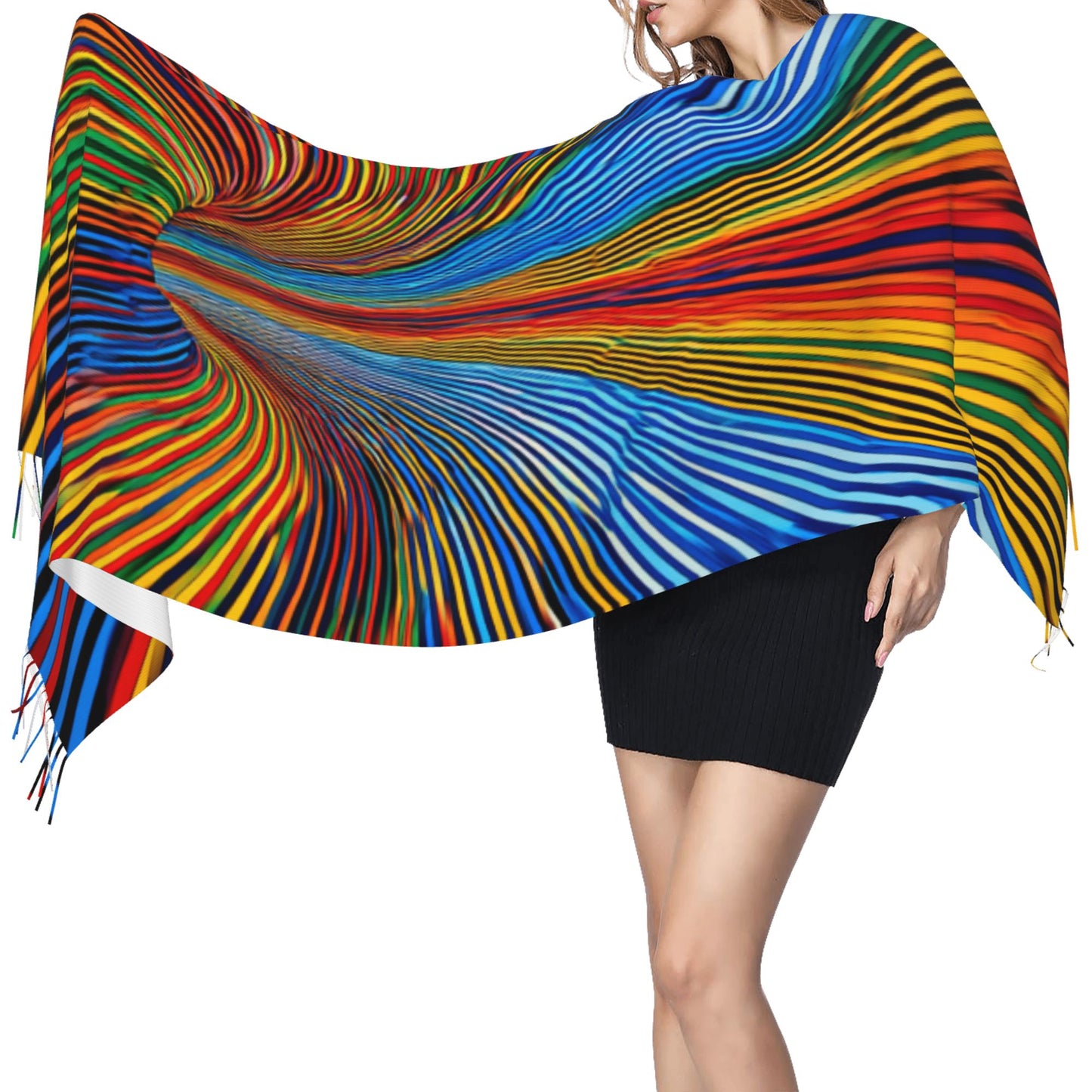 Colorful Gradient Stripe Imitation Cashmere Warm Fringed Scarf (77in×27in)